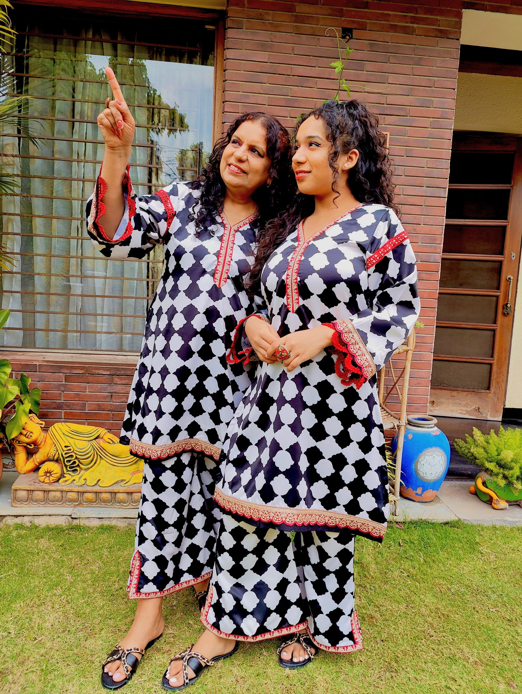 White and Black Satin Silk Maroon Lace Stitched Co-Ord Set