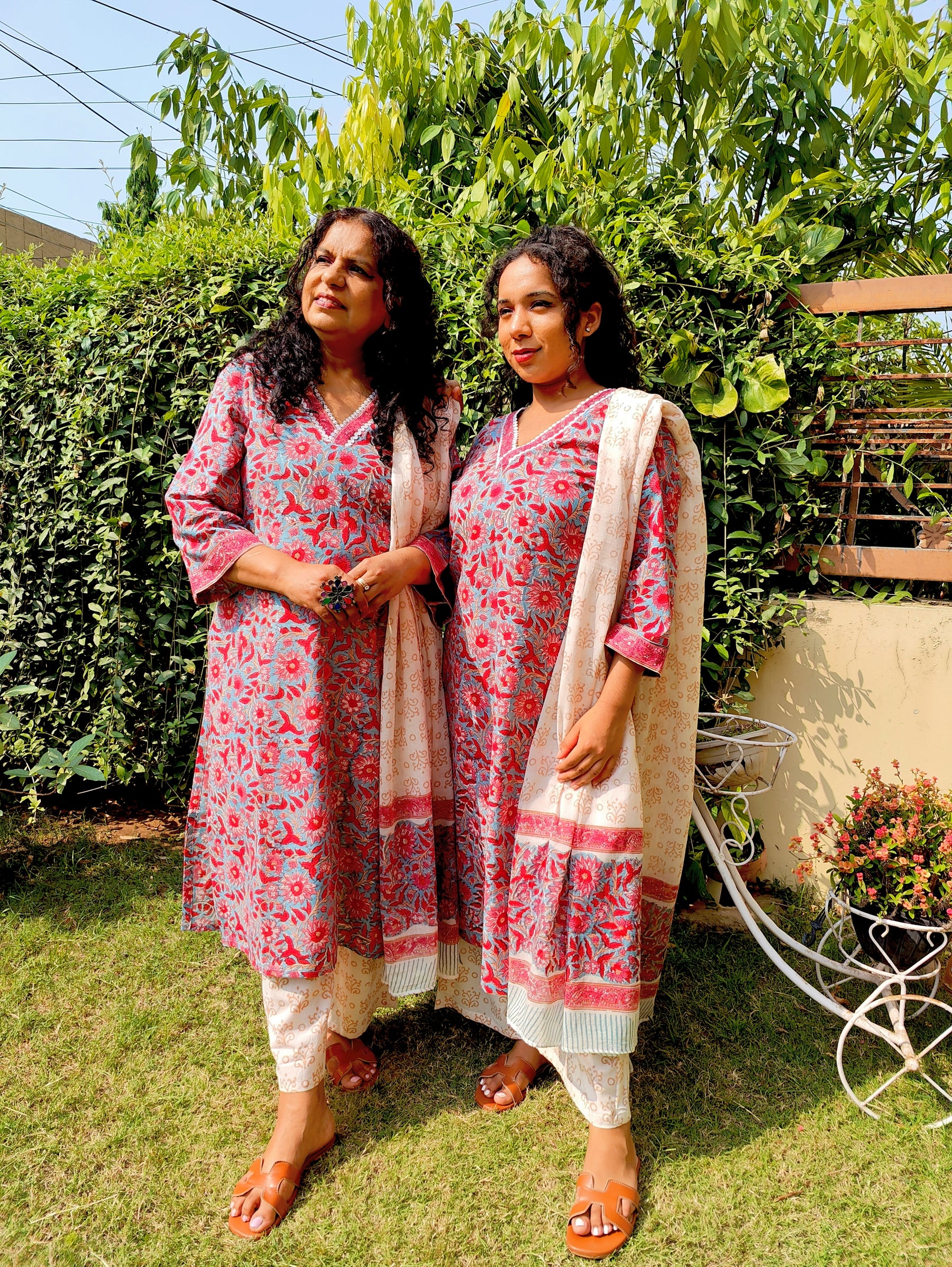 Red Floral Handblock White lace Cotton Stitched Suit Set
