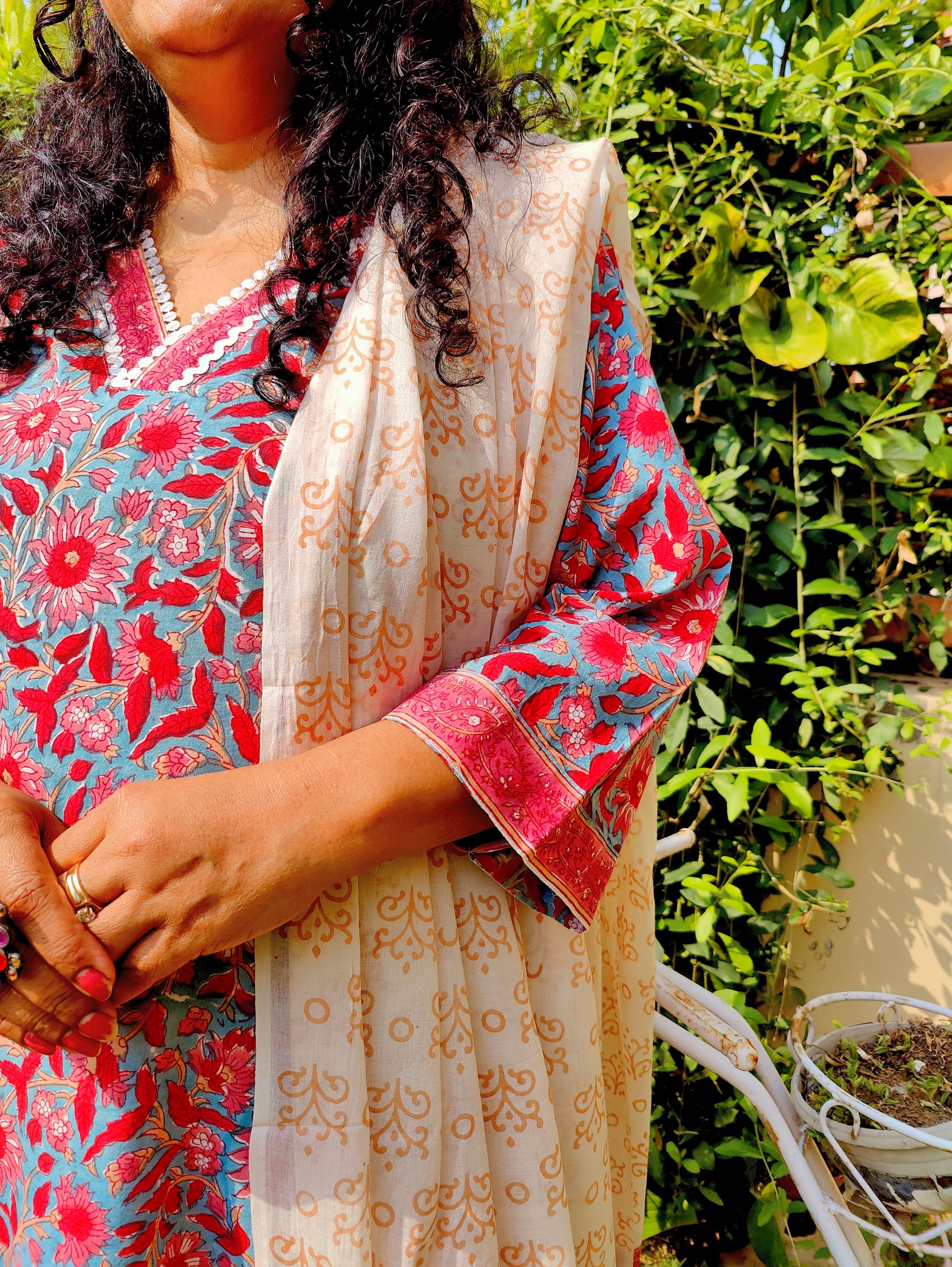 Red Floral Handblock White lace Cotton Stitched Suit Set