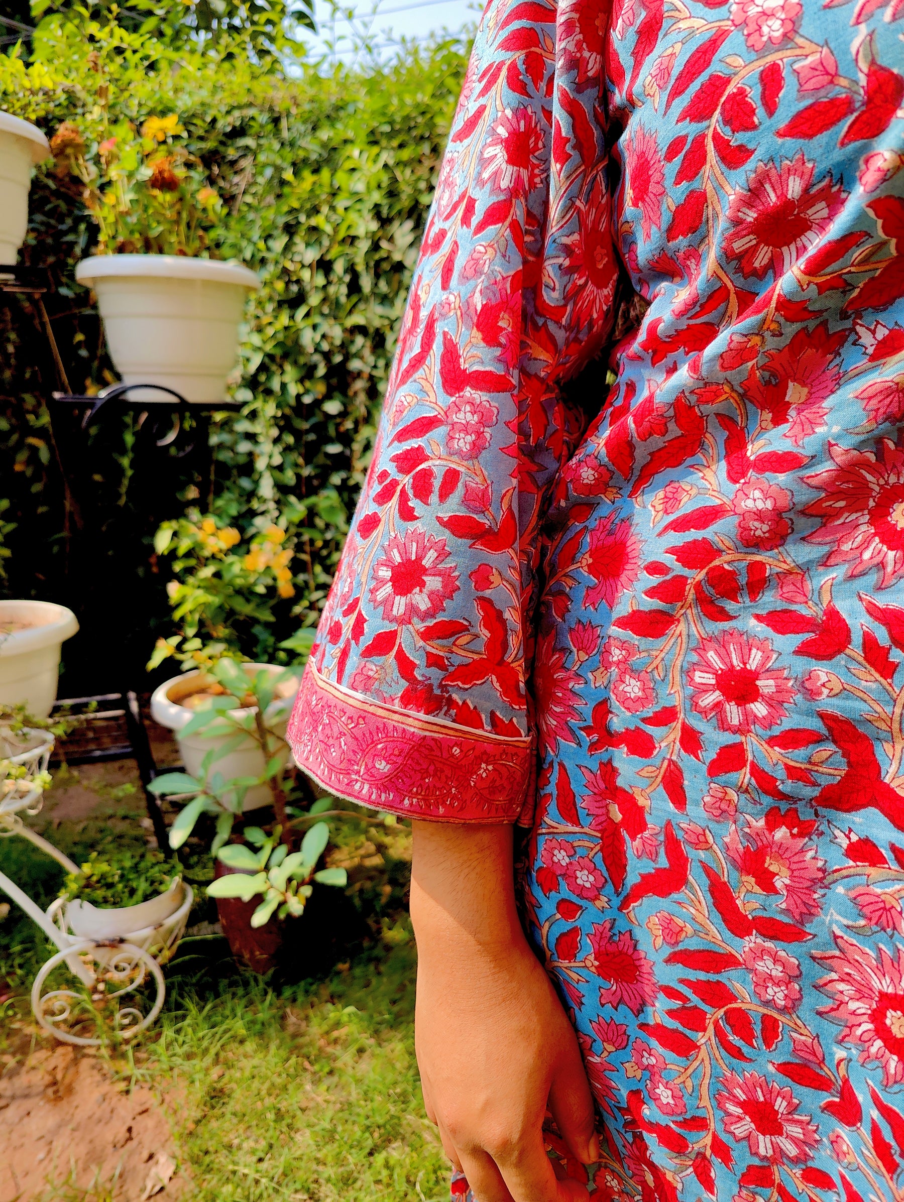 Red Floral Handblock White lace Cotton Stitched Suit Set