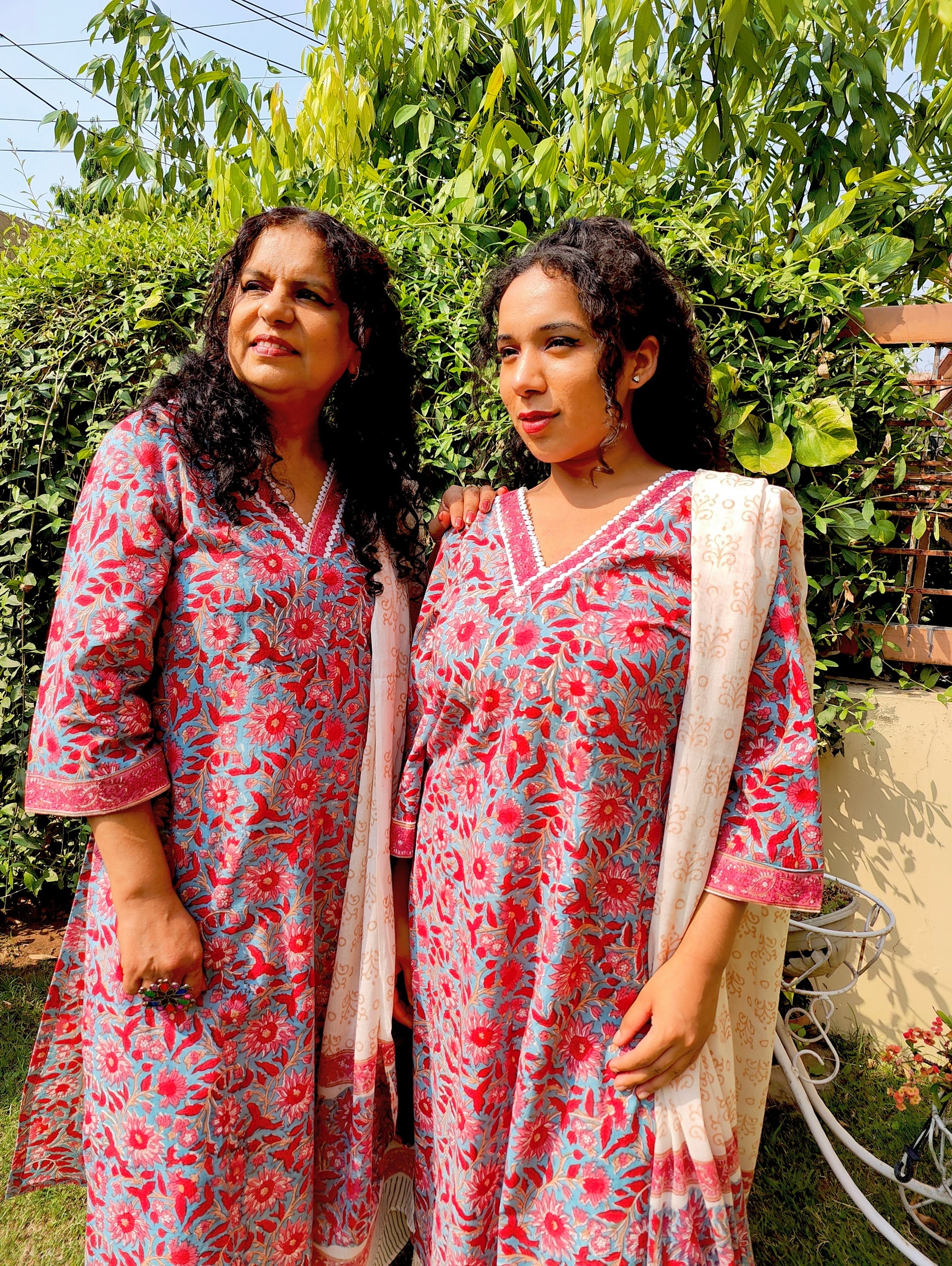 Red Floral Handblock White lace Cotton Stitched Suit Set