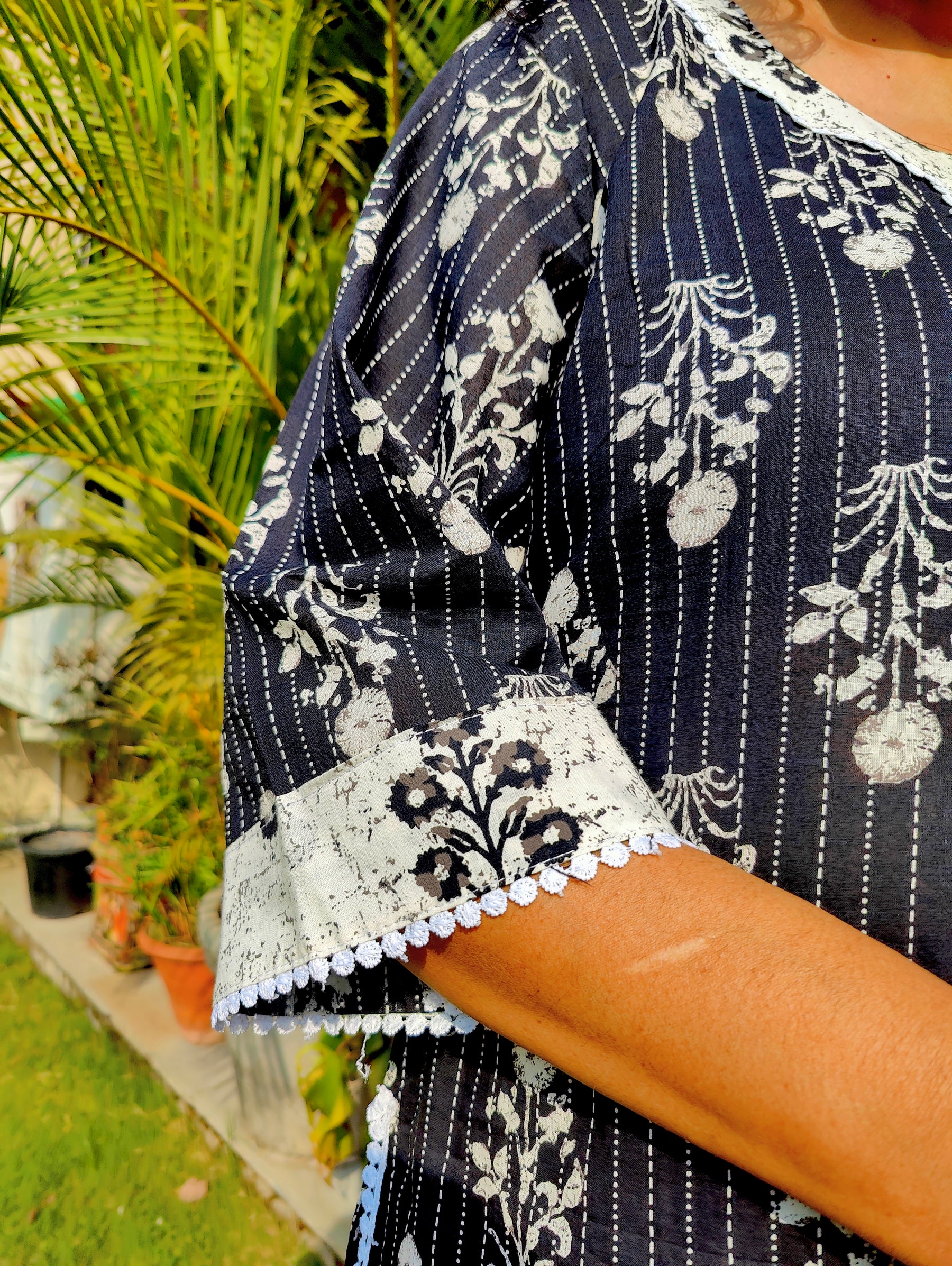 Black Striped White Lace Cotton Stitched Suit Set