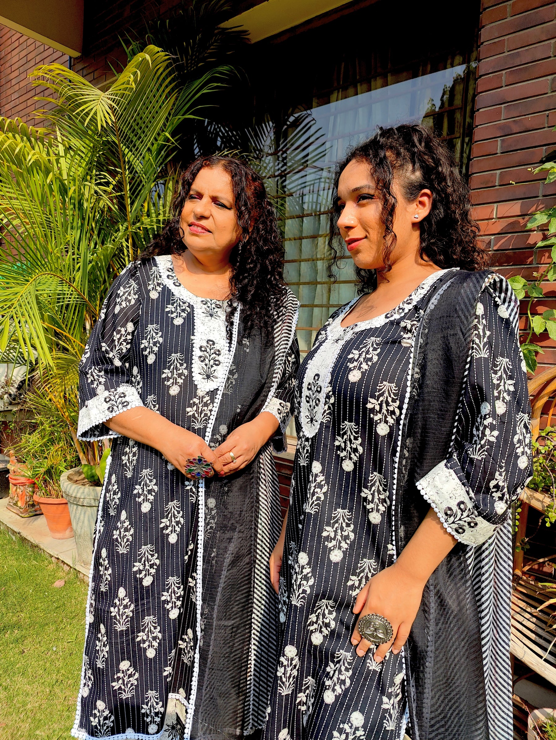 Black Striped White Lace Cotton Stitched Suit Set