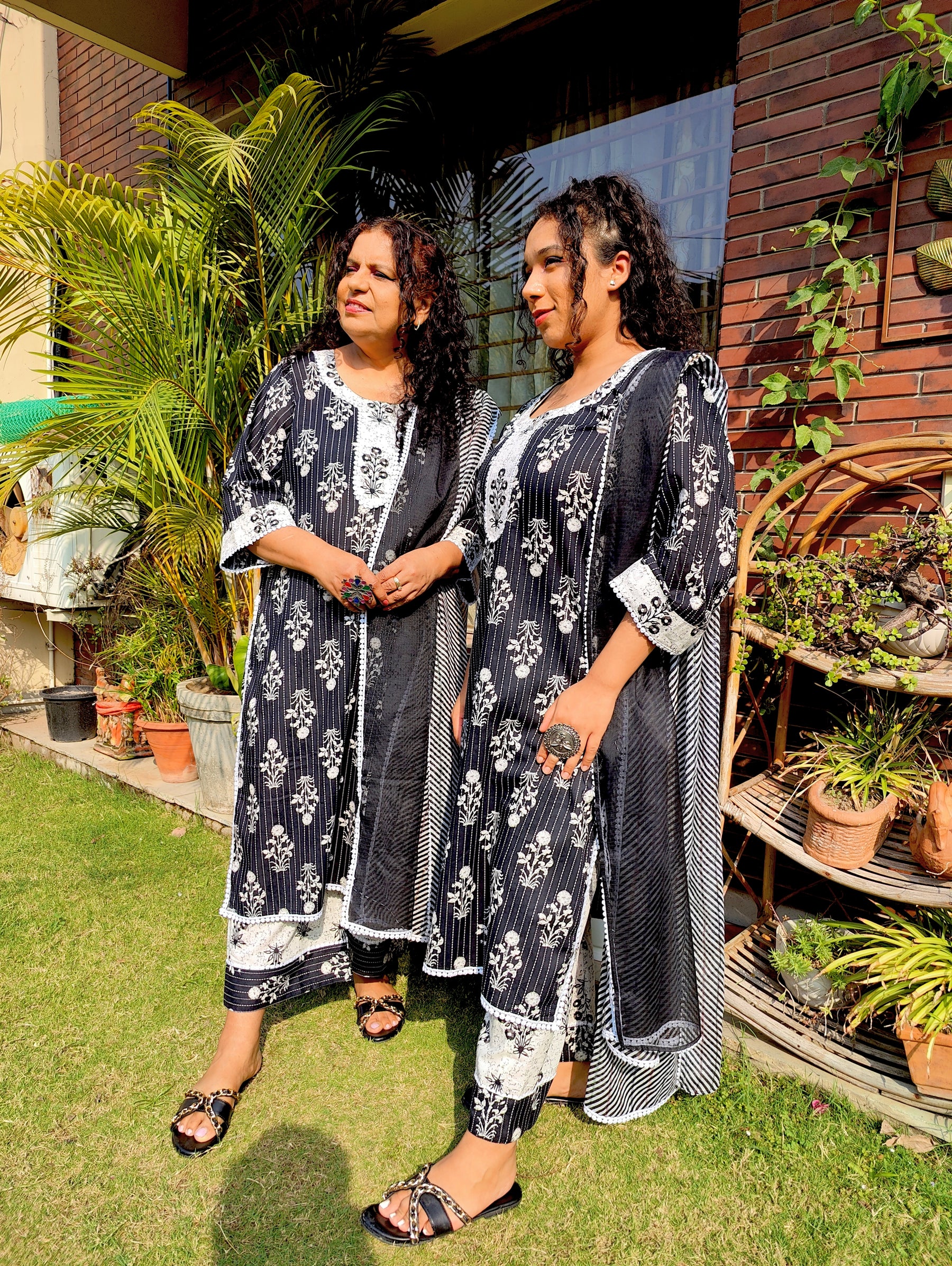 Black Striped White Lace Cotton Stitched Suit Set