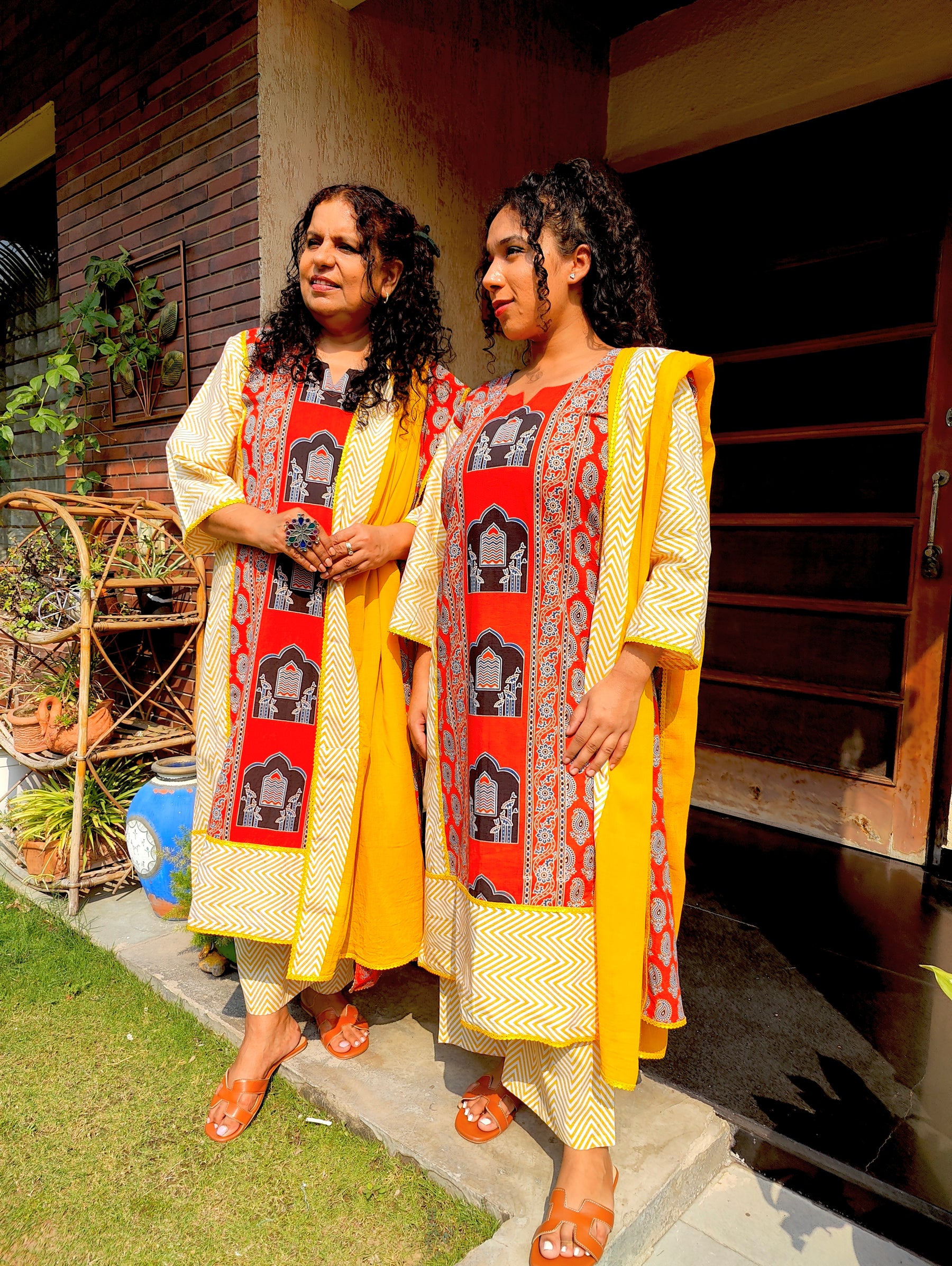 Orange Ajrakh Cotton Stitched Suit Set