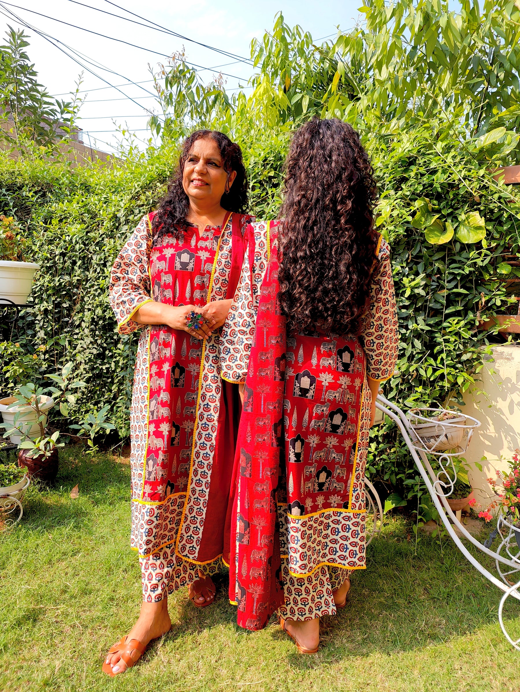 Maroon Ajrakh Yellow Lace Cotton Stitched Suit Set
