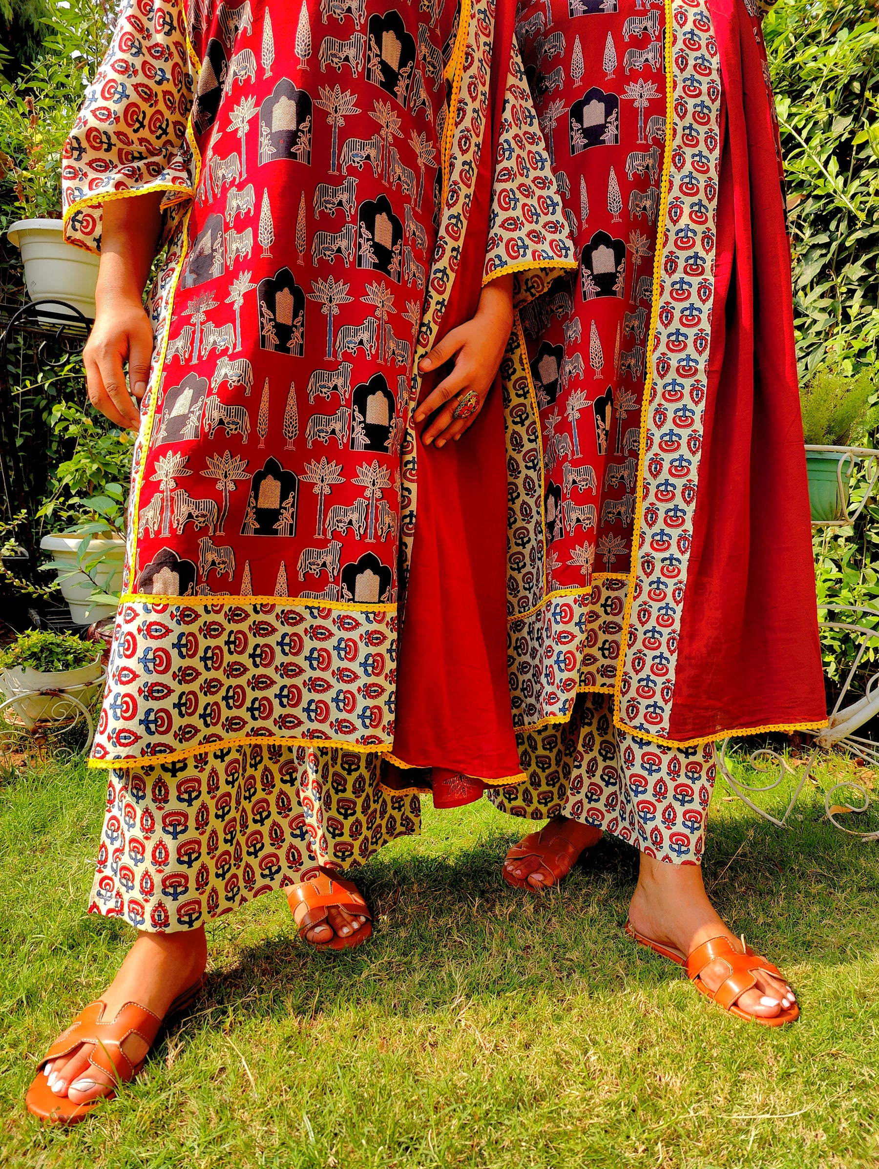 Maroon Ajrakh Yellow Lace Cotton Stitched Suit Set