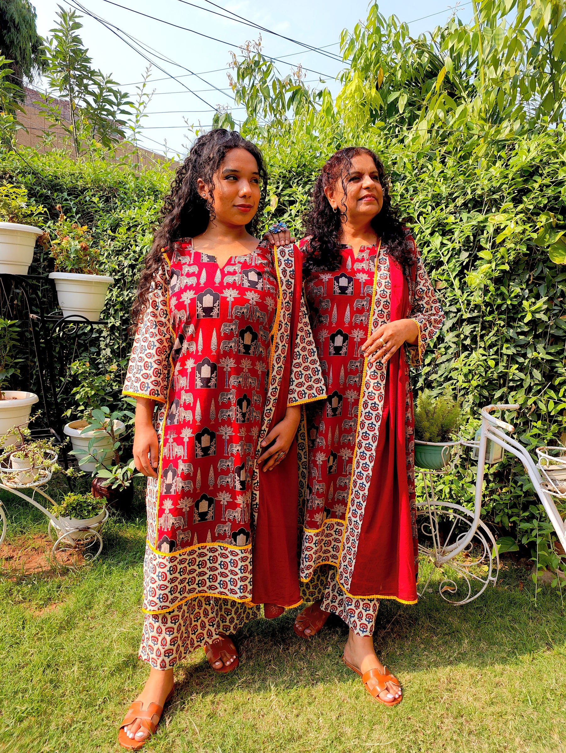 Maroon Ajrakh Yellow Lace Cotton Stitched Suit Set