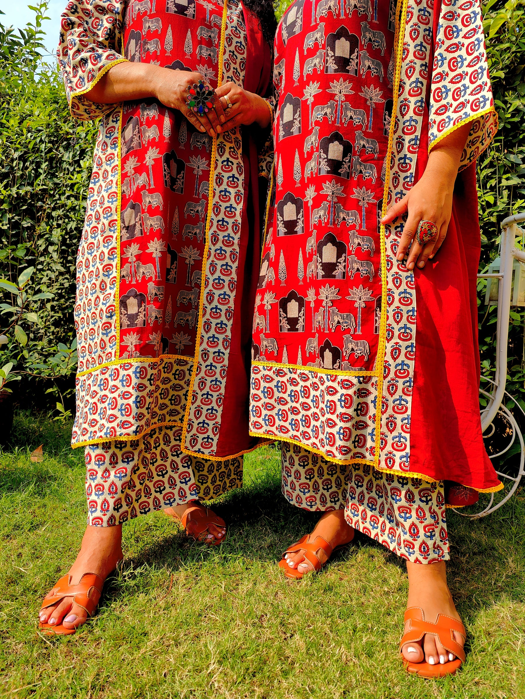 Maroon Ajrakh Yellow Lace Cotton Stitched Suit Set