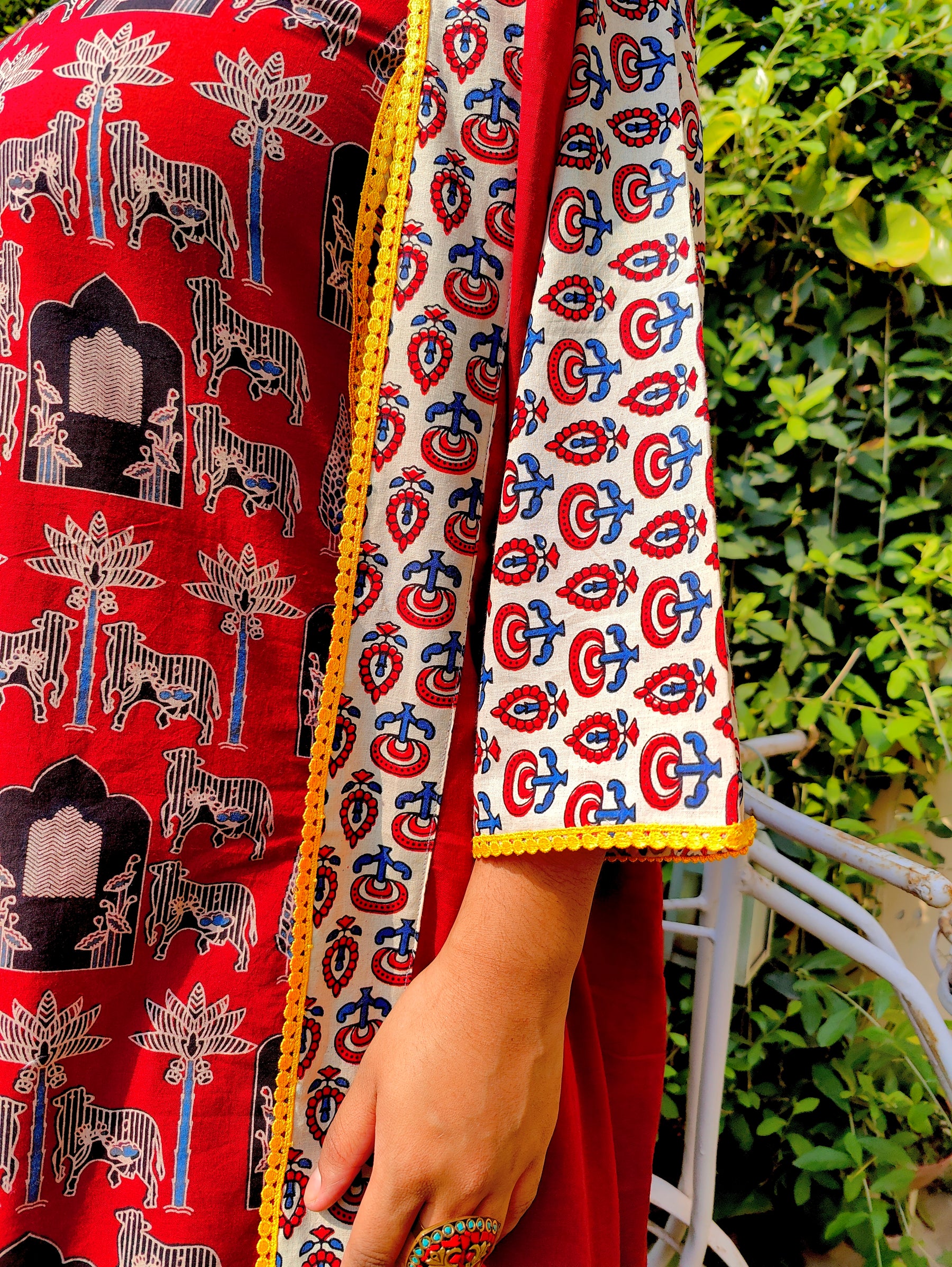 Maroon Ajrakh Yellow Lace Cotton Stitched Suit Set