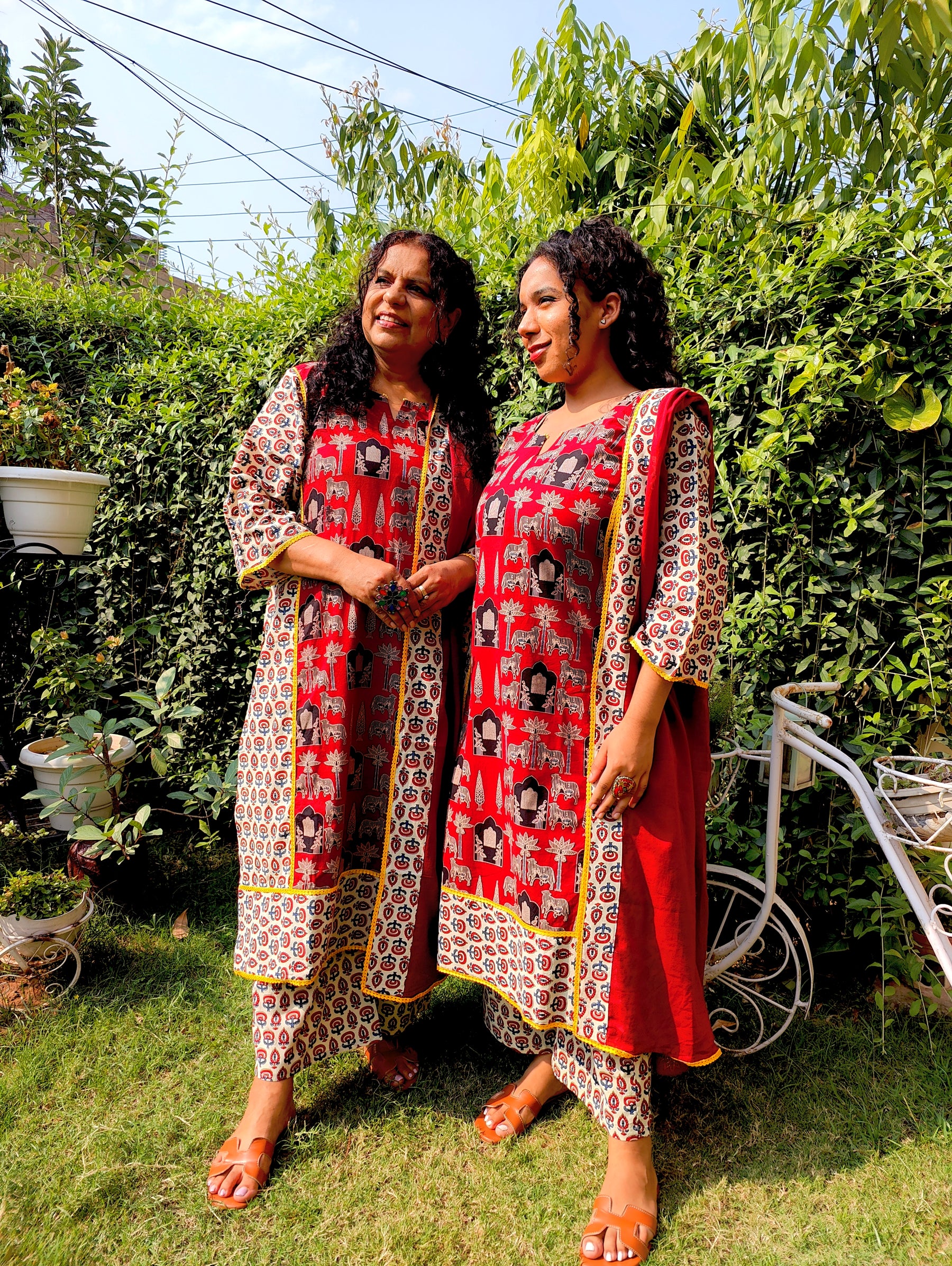 Maroon Ajrakh Yellow Lace Cotton Stitched Suit Set