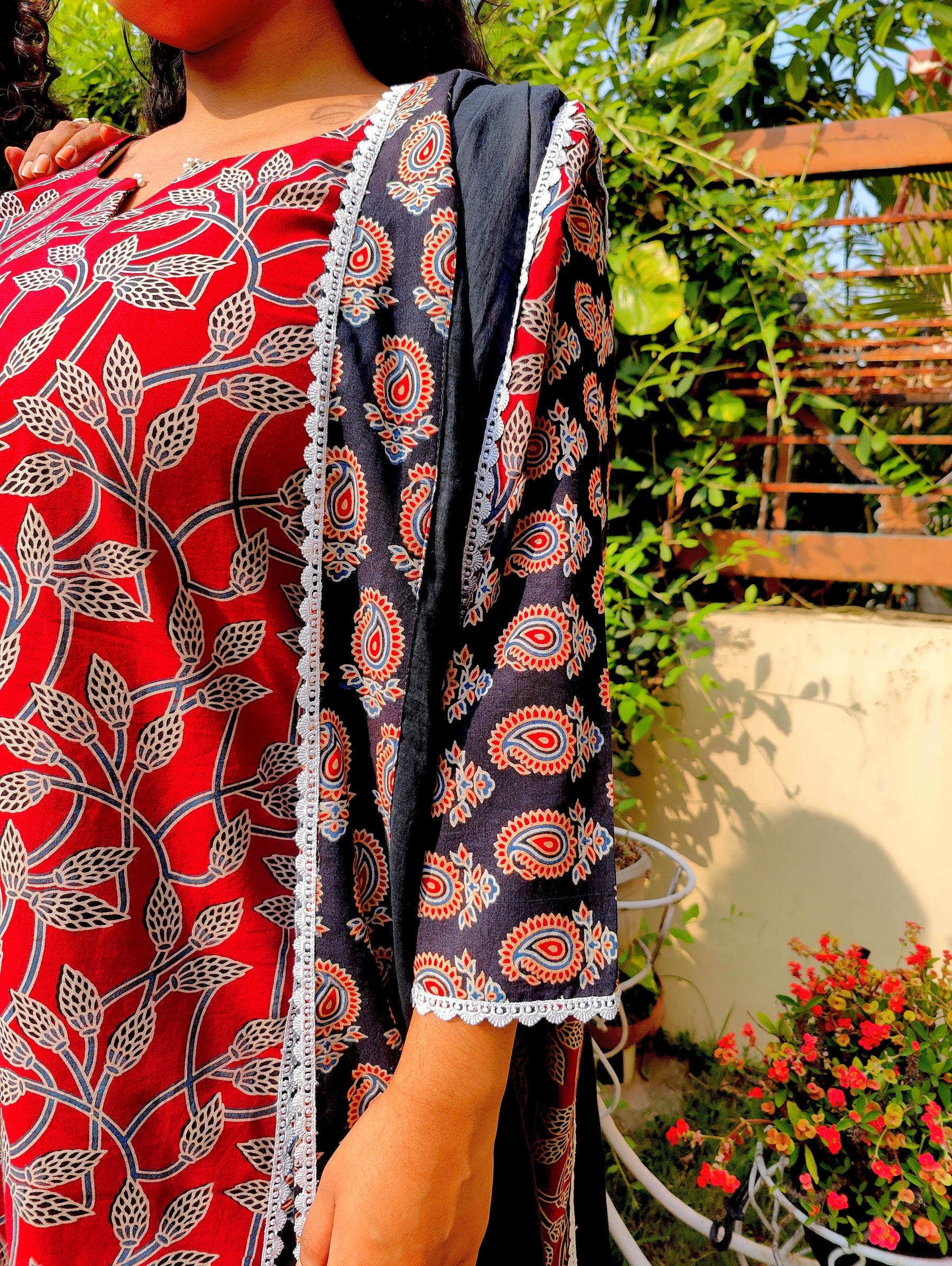 Maroon and Black Ajrakh Cotton Stitched Suit Set