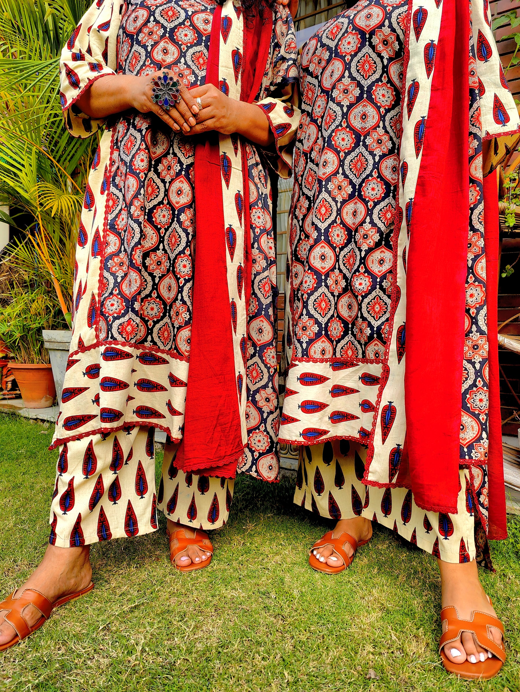 Cream Ajrakh Cotton Stitched Suit Set