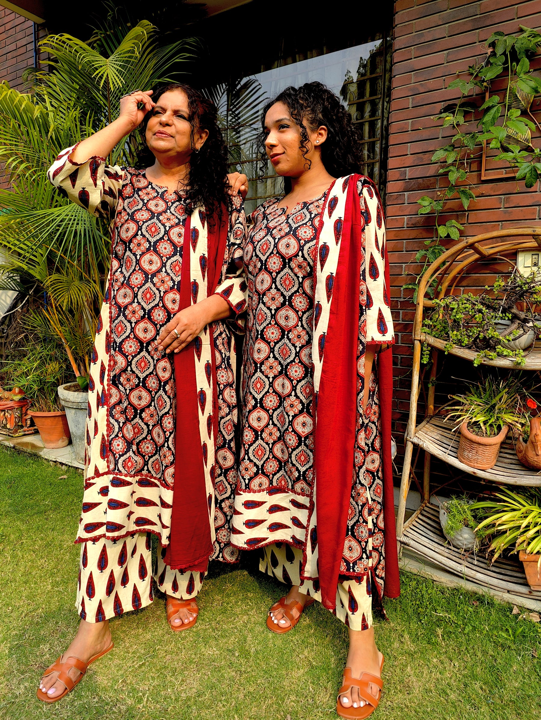 Cream Ajrakh Cotton Stitched Suit Set