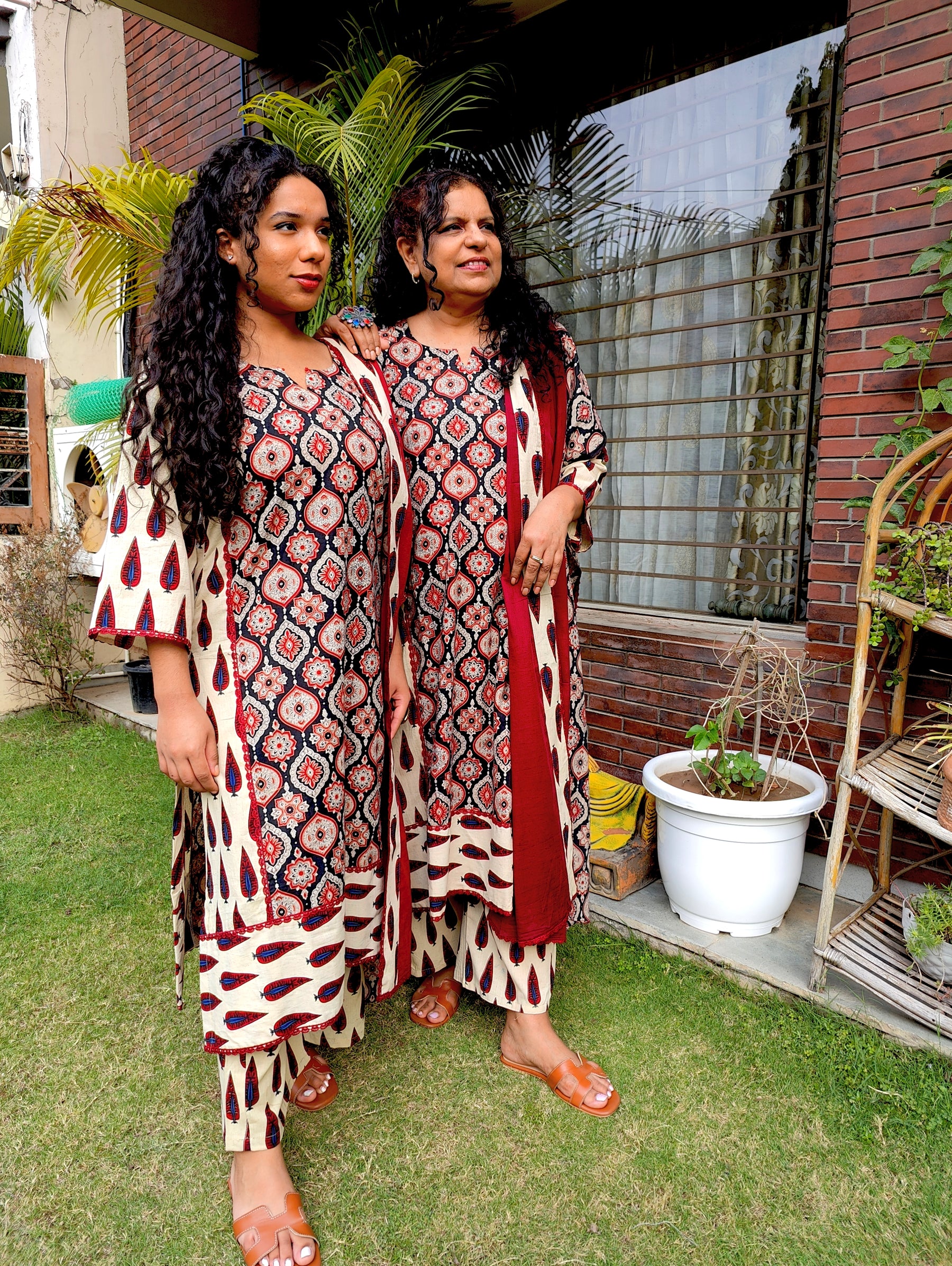 Cream Ajrakh Cotton Stitched Suit Set