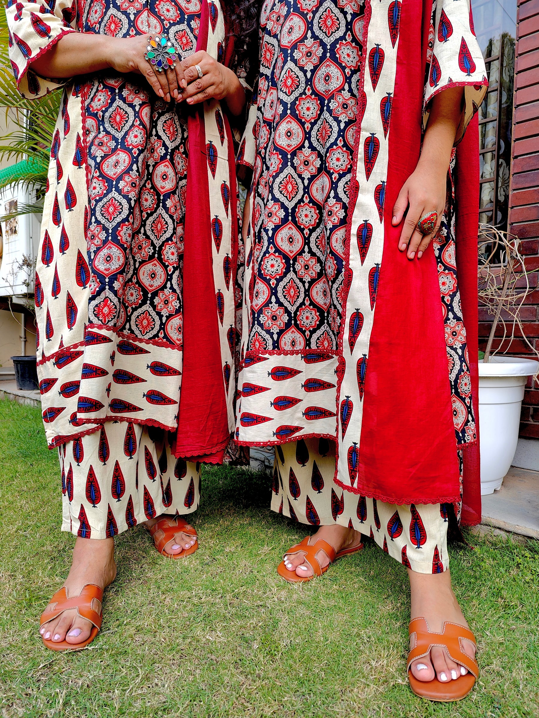 Cream Ajrakh Cotton Stitched Suit Set