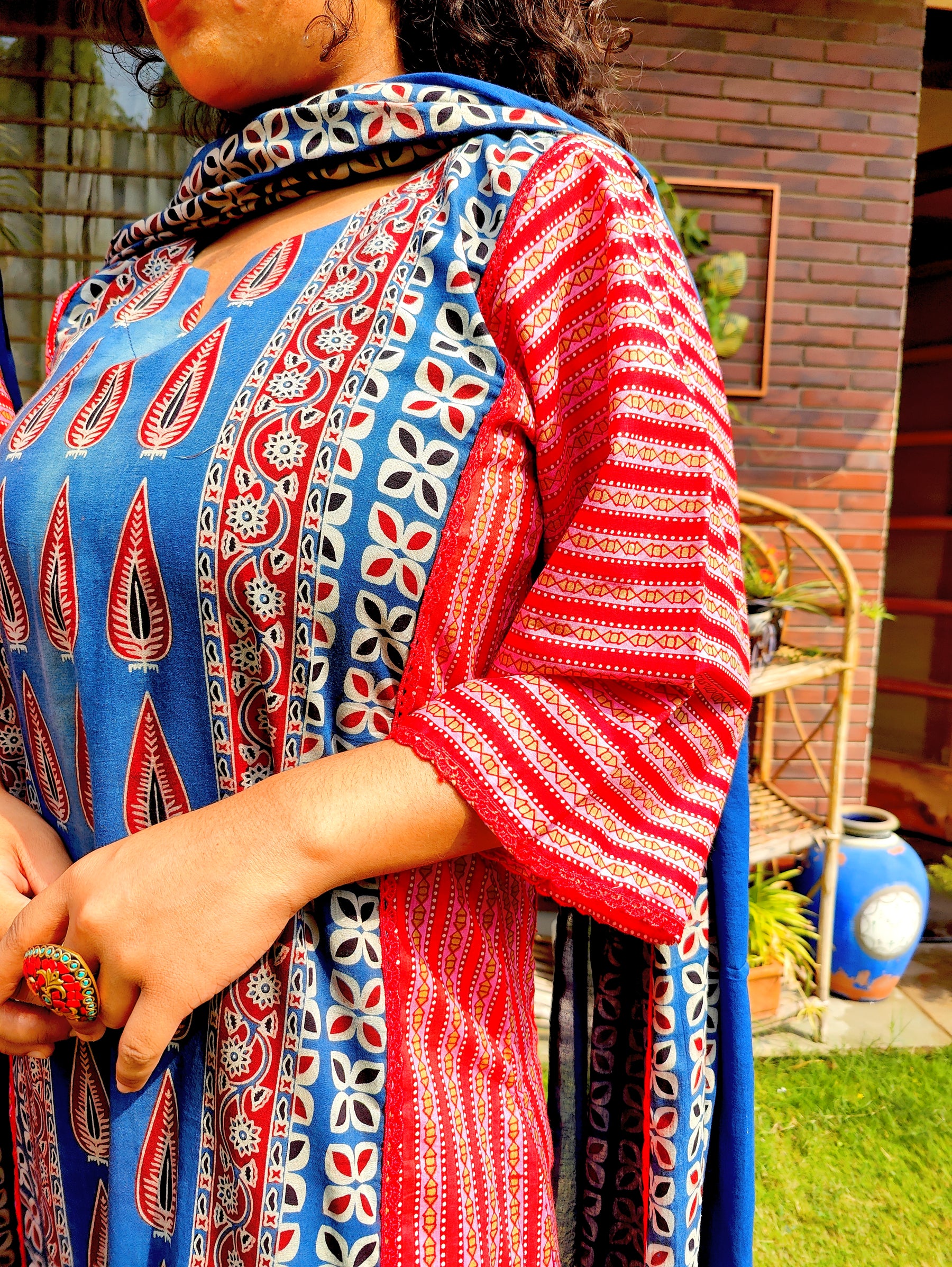 Blue Ajrakh Paisley Cotton Stitched Suit Set