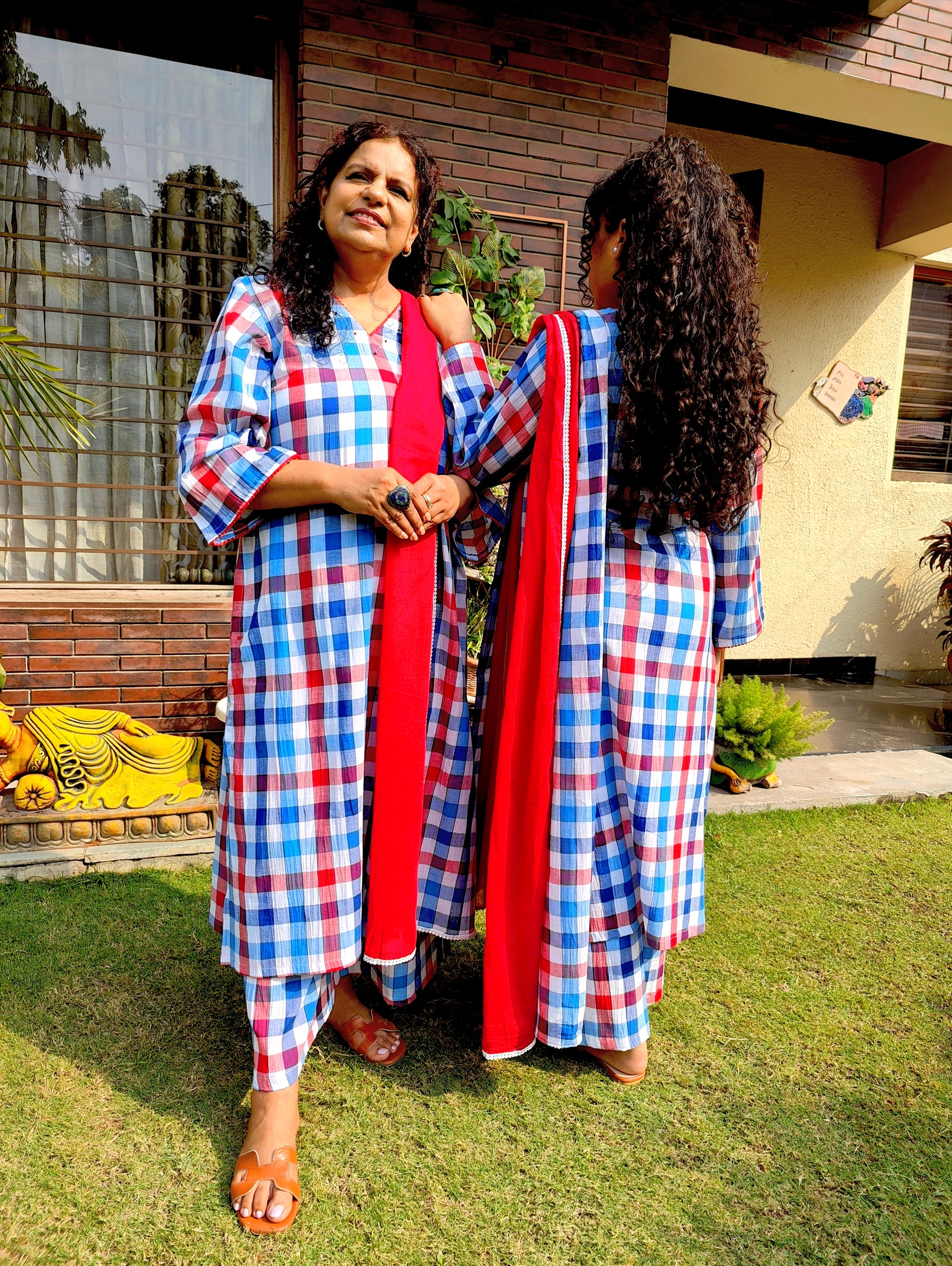 Blue and Red Checkred Cotton Lace Stitched Suit Set