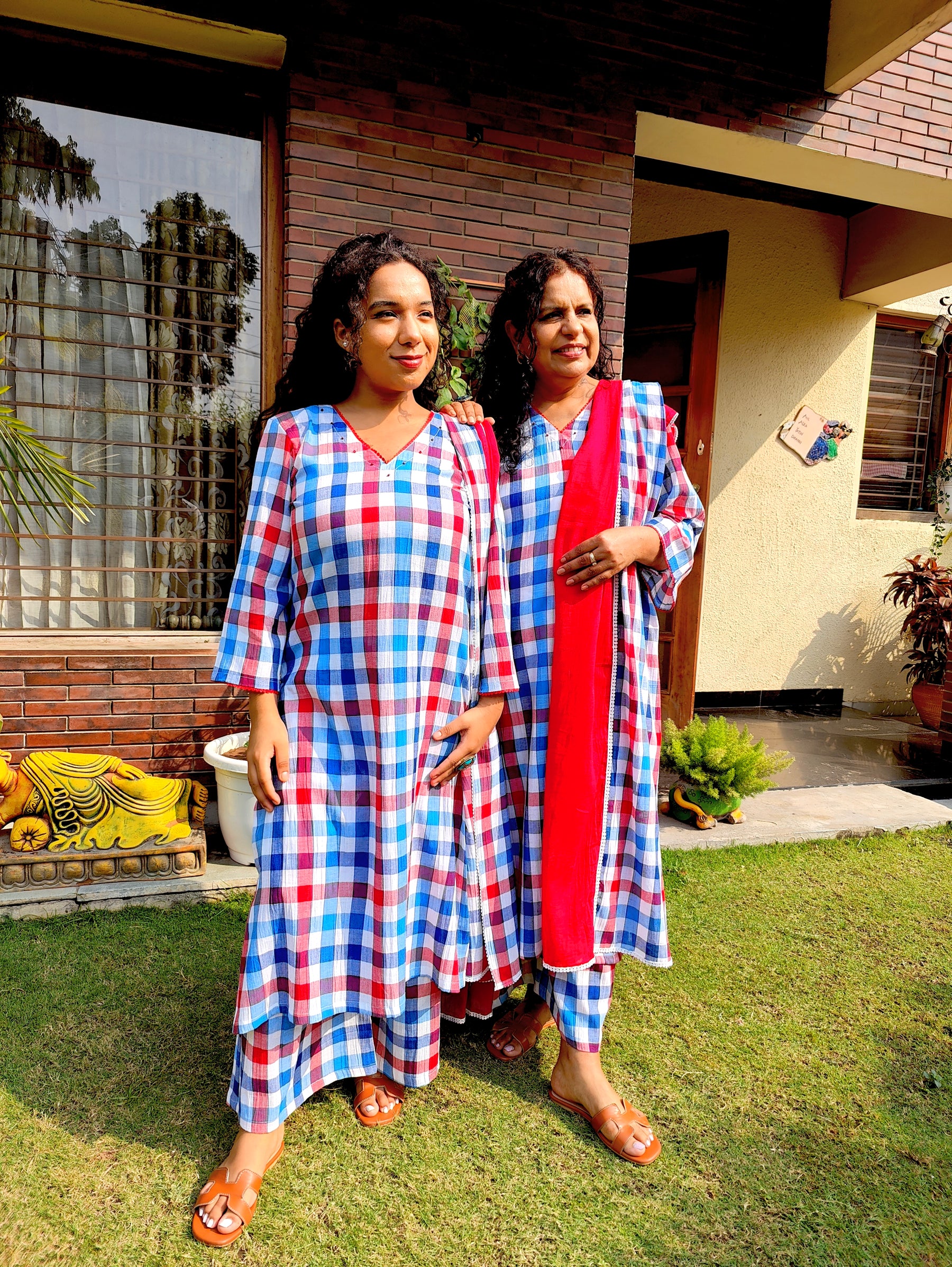 Blue and Red Checkred Cotton Lace Stitched Suit Set
