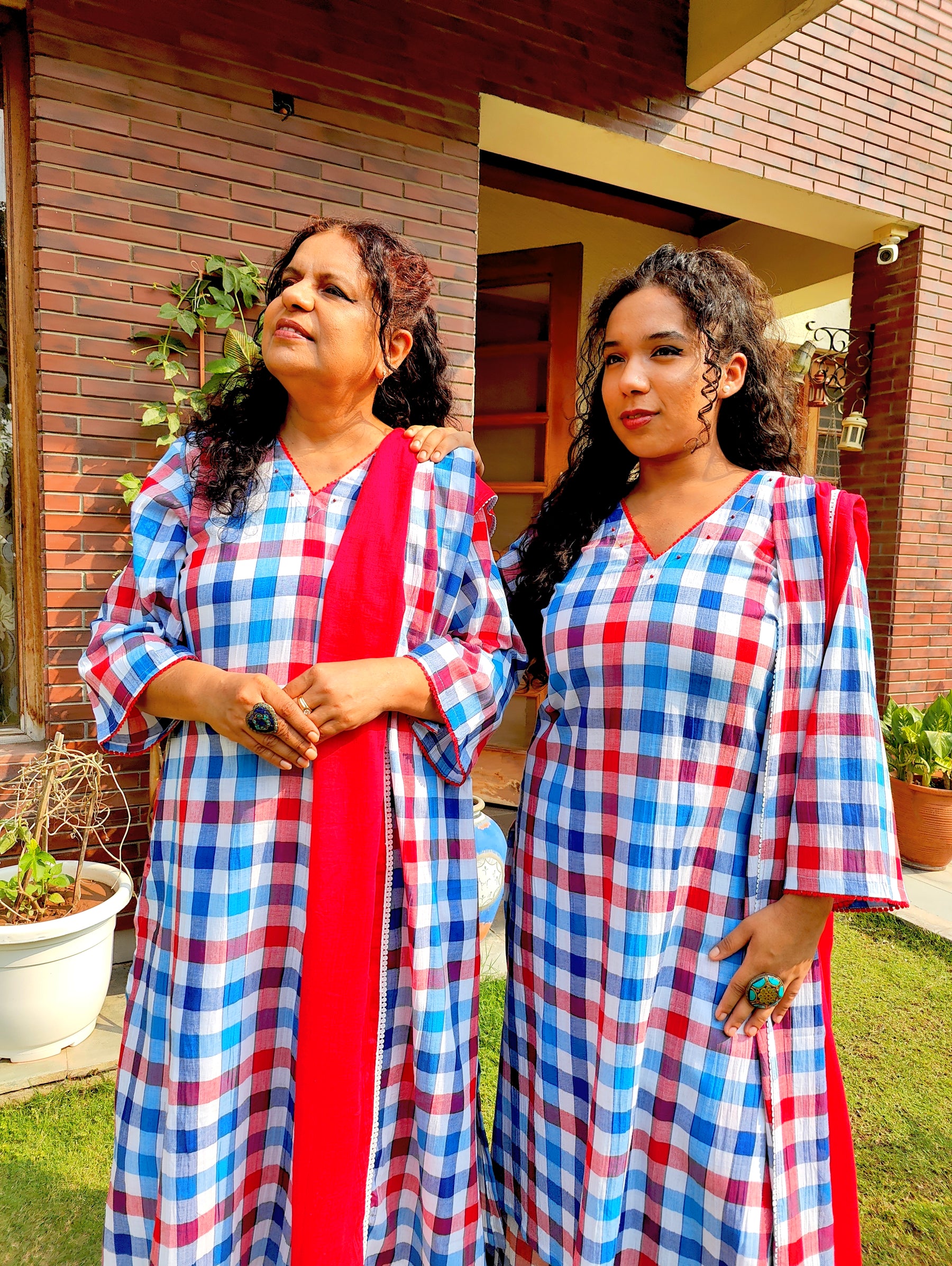 Blue and Red Checkred Cotton Lace Stitched Suit Set