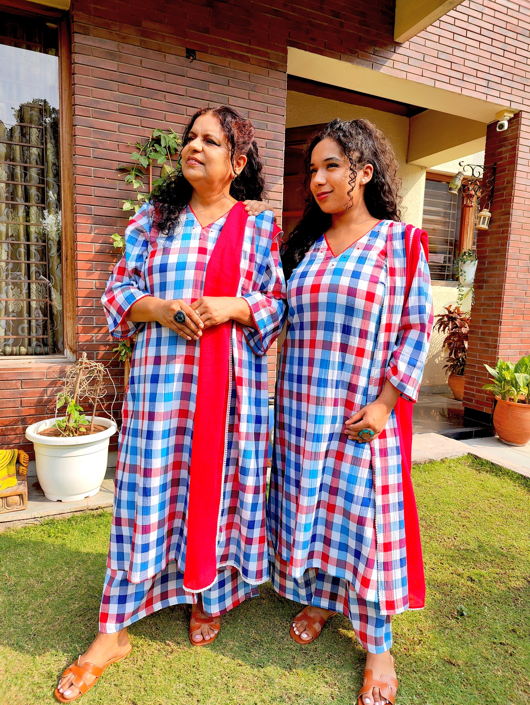 Blue and Red Checkred Cotton Lace Stitched Suit Set