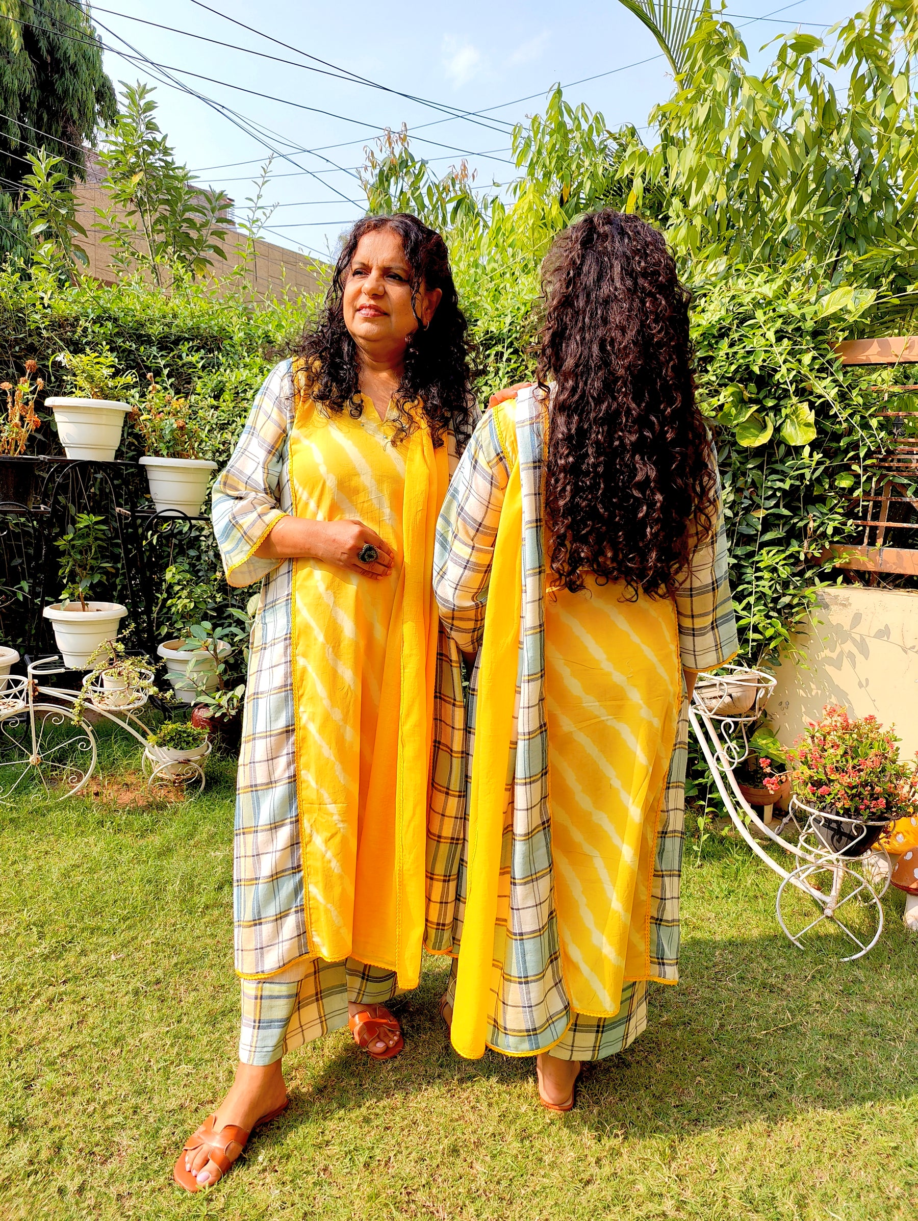 Yellow Tie Dye Checkred cotton Stitched Suit Set