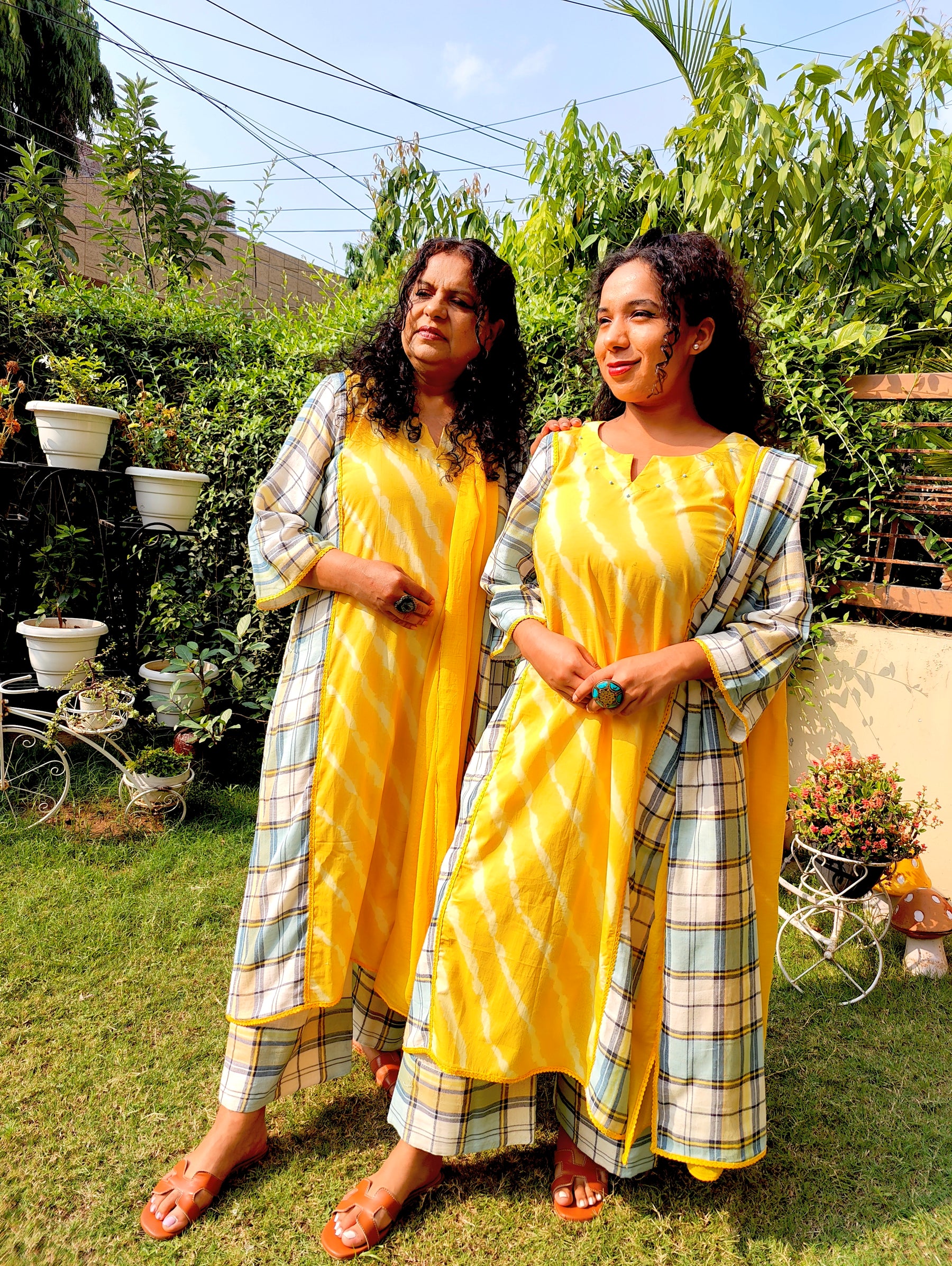 Yellow Tie Dye Checkred cotton Stitched Suit Set