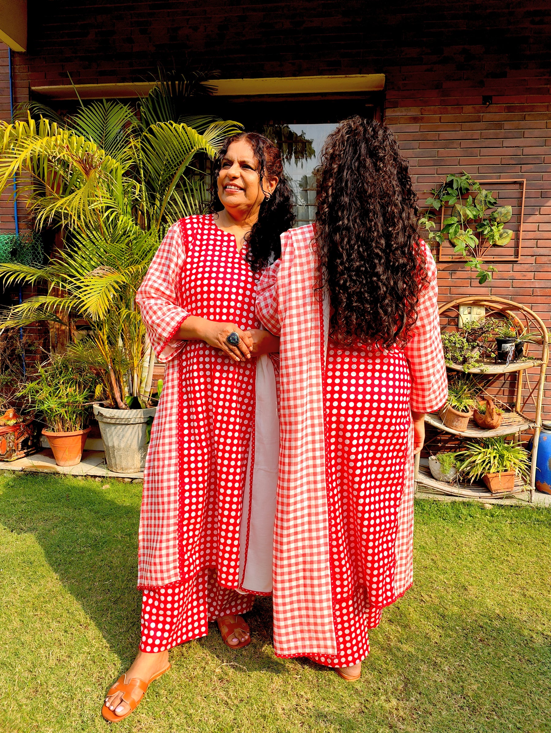 Red and White Polka Dot Cotton Stitched Suit Set