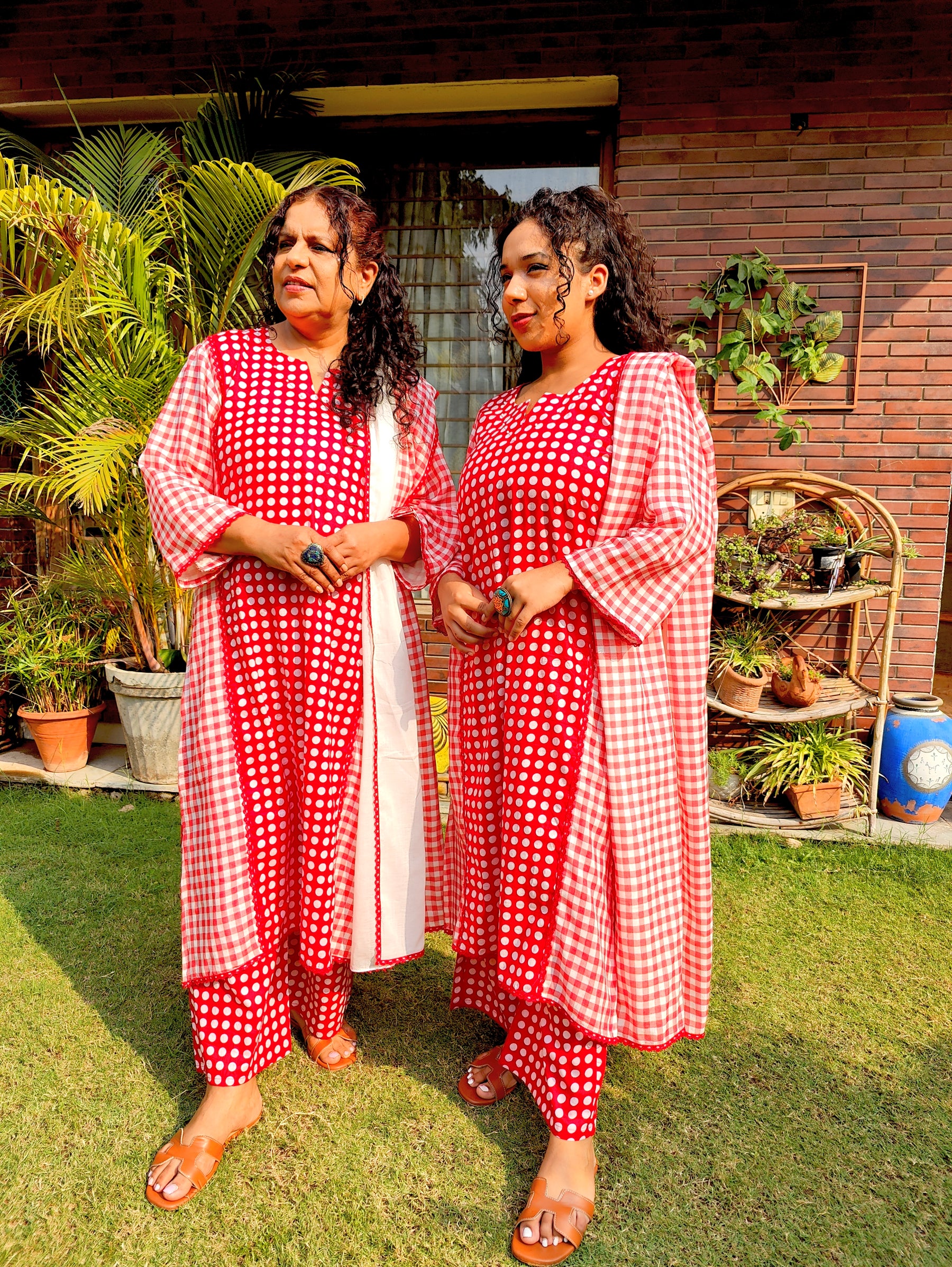 Red and White Polka Dot Cotton Stitched Suit Set