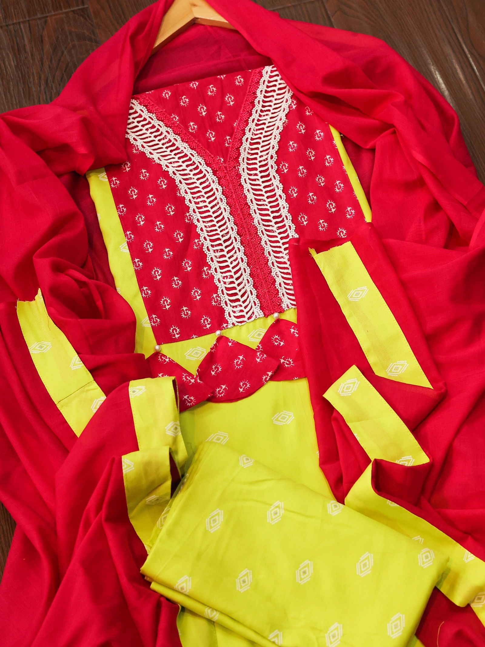 Buy Lime Green Cotton with Magenta Patch on Neckline Enhanced with