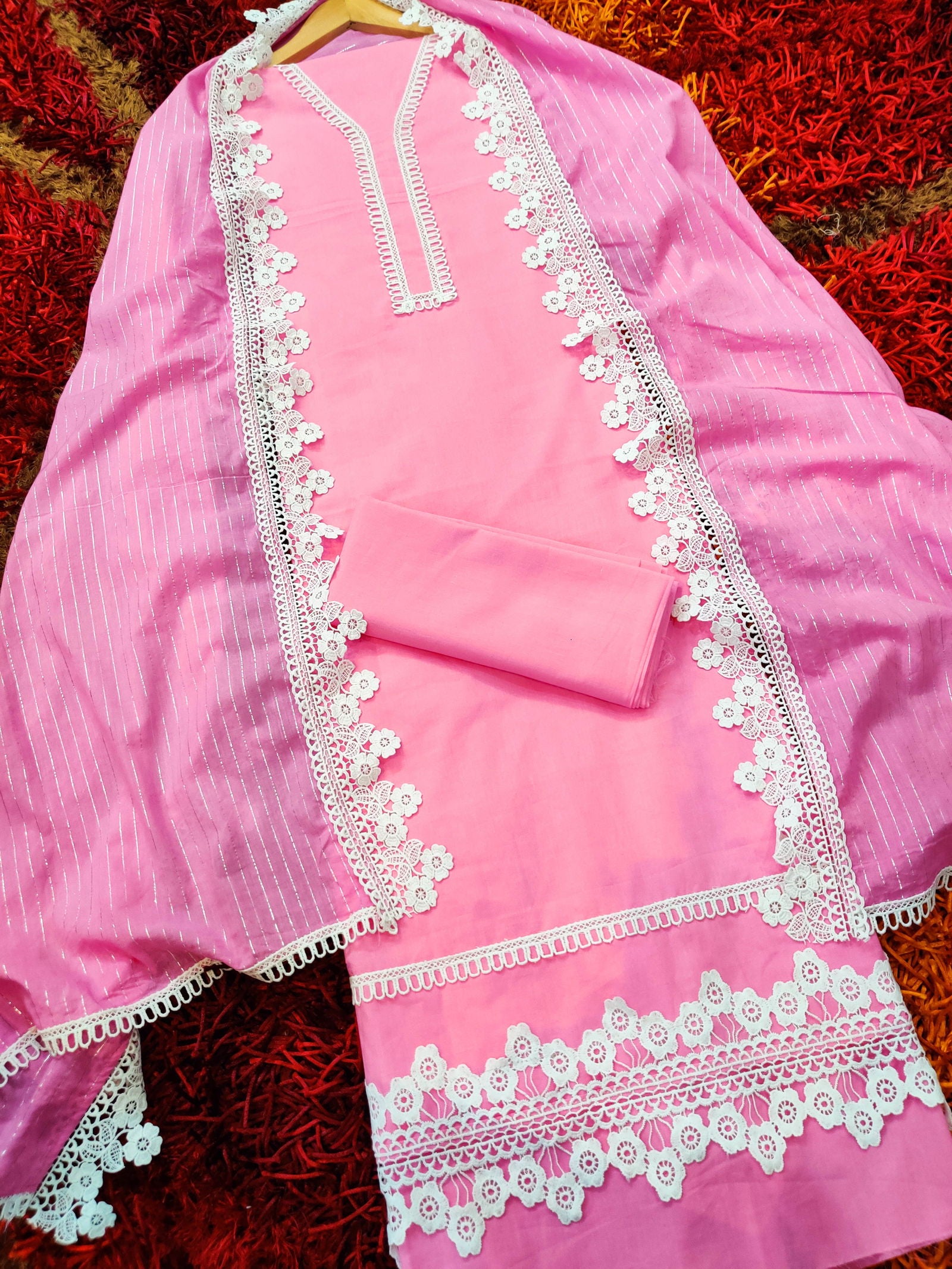 Buy Pink Adorned with Elegant White Lace Unstitched Dress Material