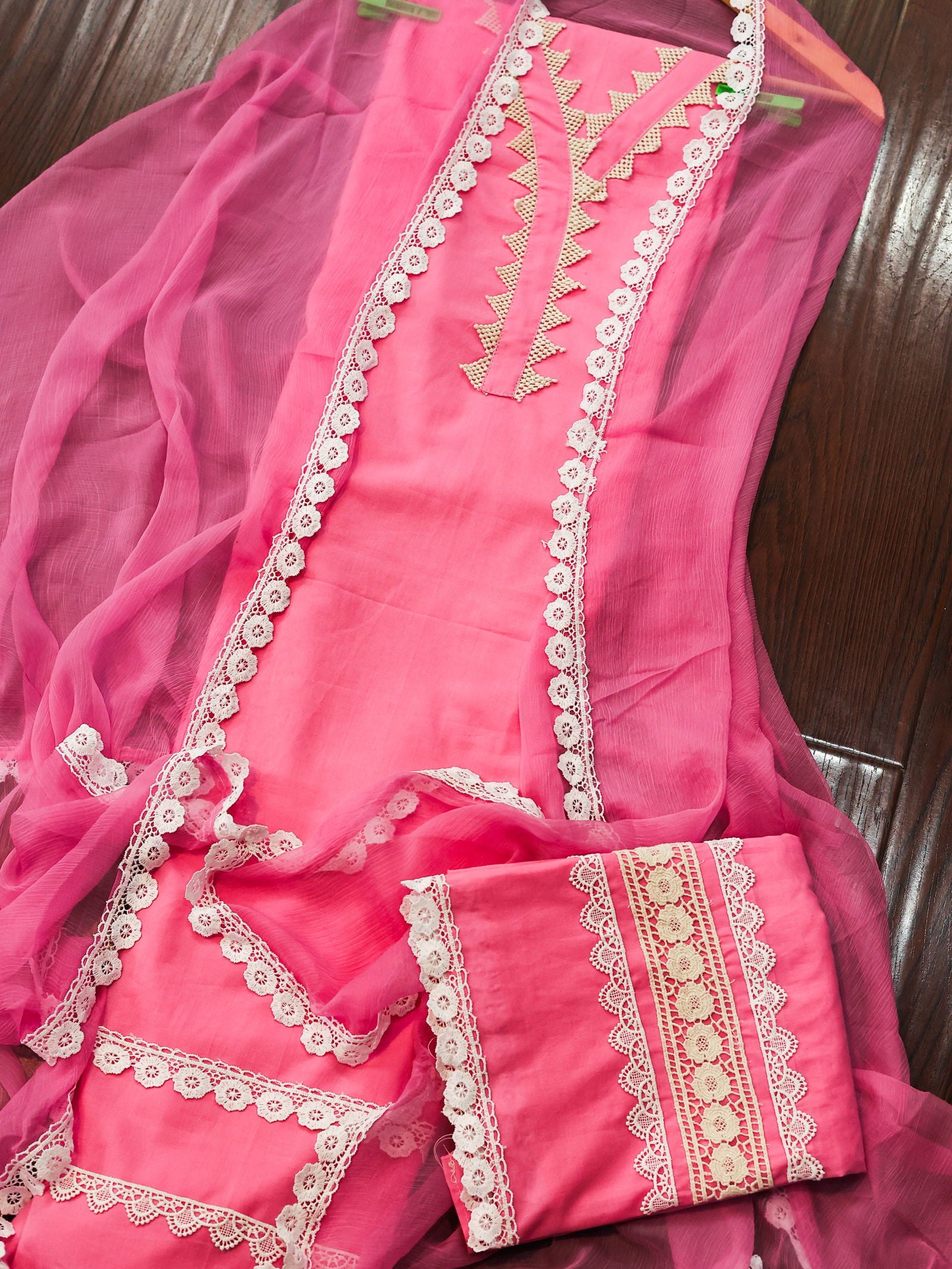 Pink Cotton Suit with White and Cream Lace Accents Unstitched Dress Material Suit Set