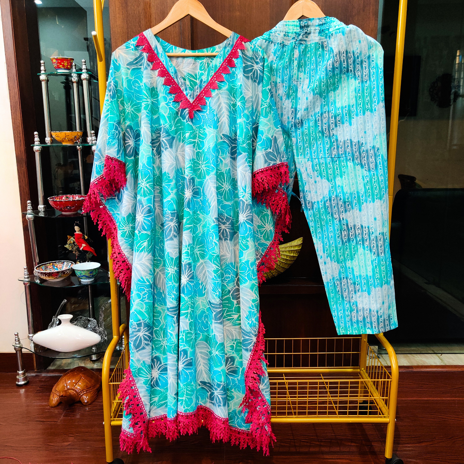 Sky Blue Handblock Kurta Kaftan Cotton Stitched Co-Ord Set - Mom & You Clothing