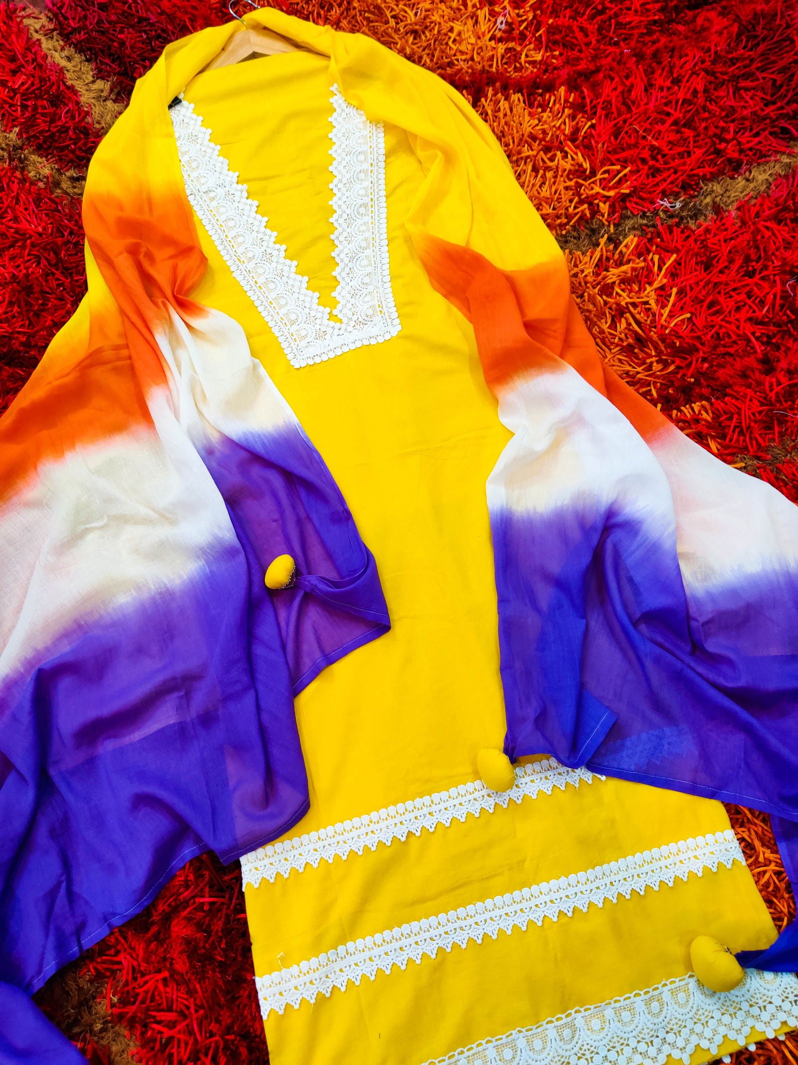 Yellow Cotton Unstitched Dress Material Kurta Set with Elegant White Lace Accents