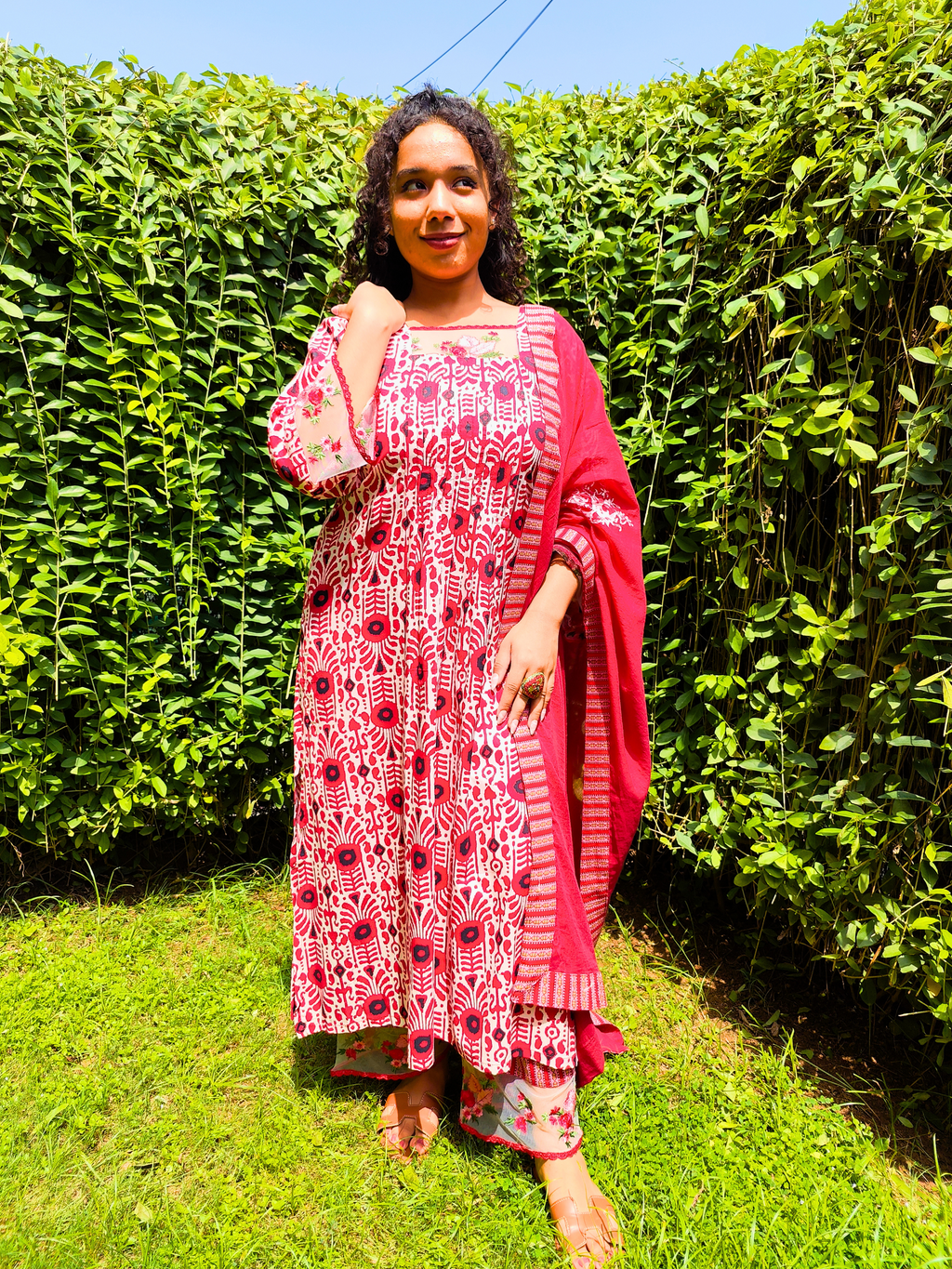 Red and White Floral Embroidered Lace Cotton Stitched Suit Set