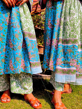Sky Blue Handblock Pink lace Cotton Stitched Suit Set