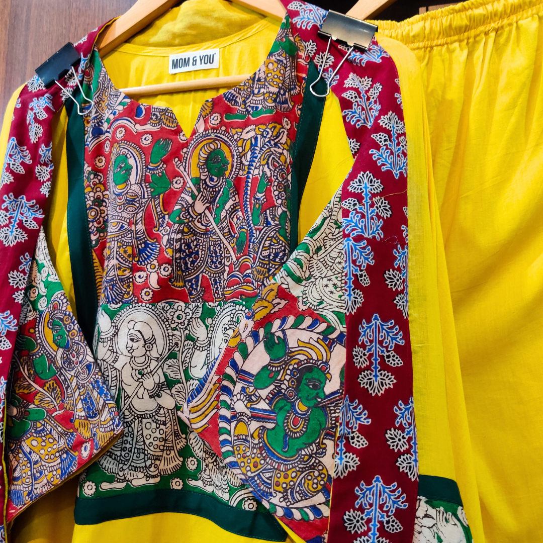 Yellow Cotton Multi-Coloured kalamkari Stitched Suit Set