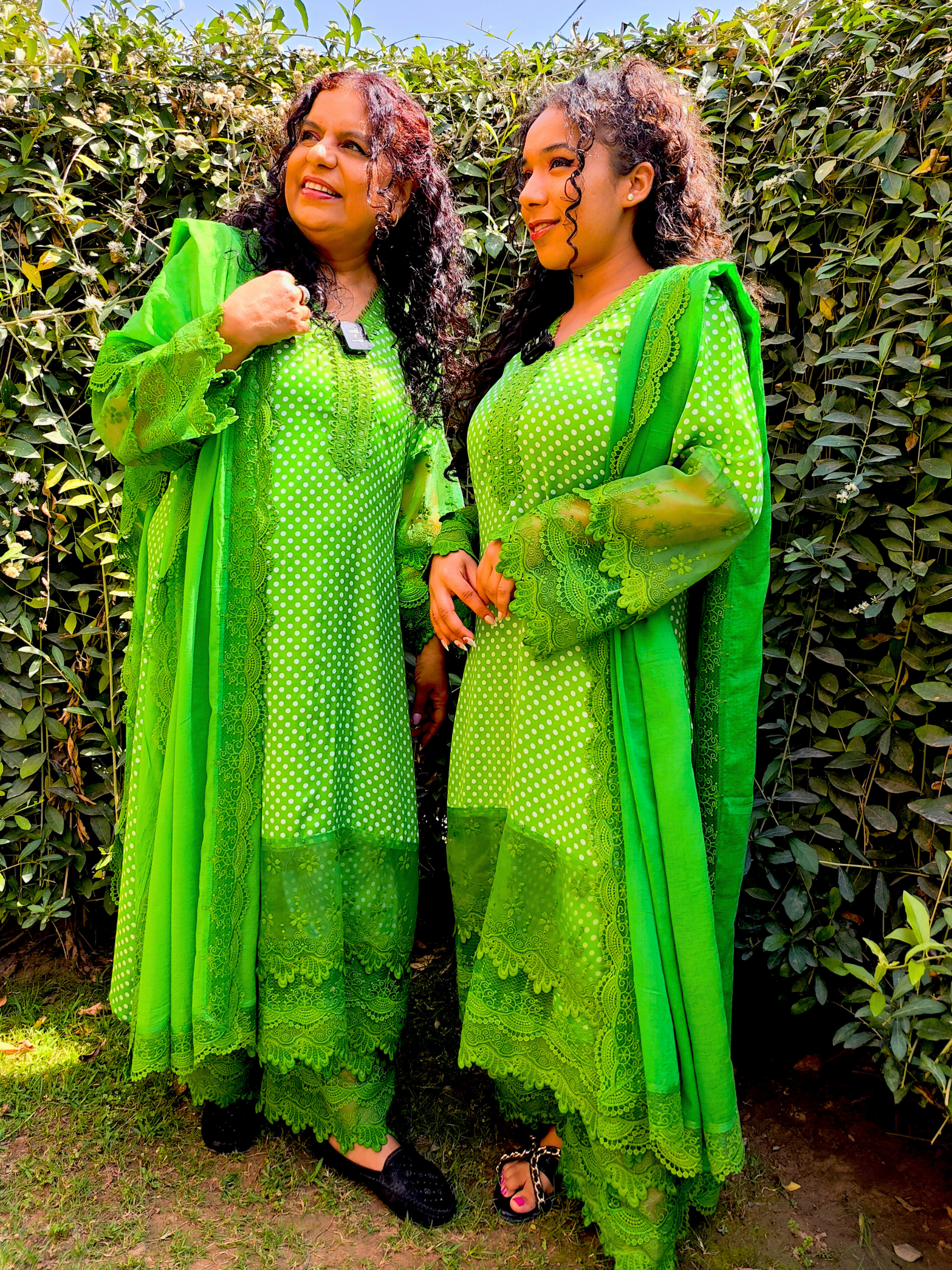 Green Polka Dot Satin Silk Stitched Suit Set