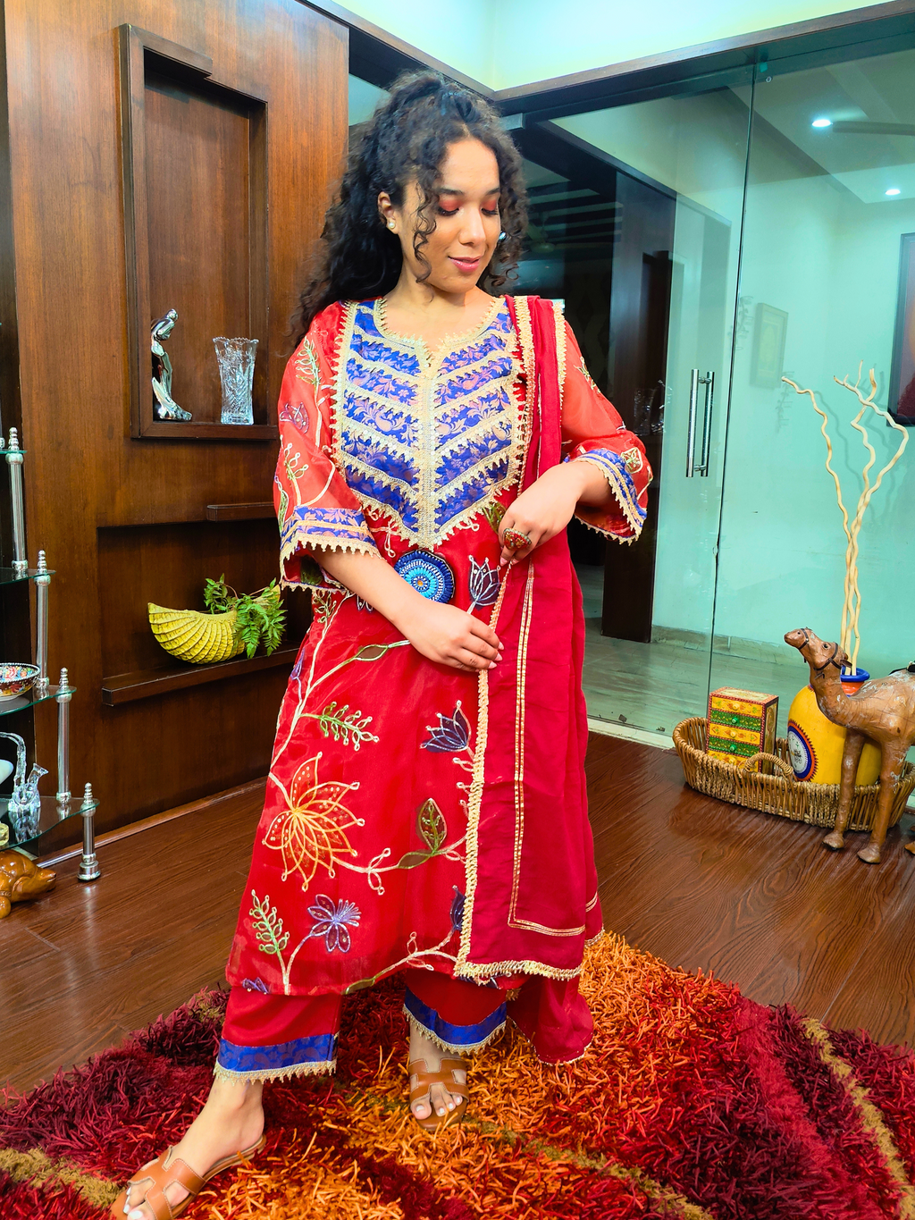 Red Organza Embroidered Banarsi Gota Stitched Suit Set