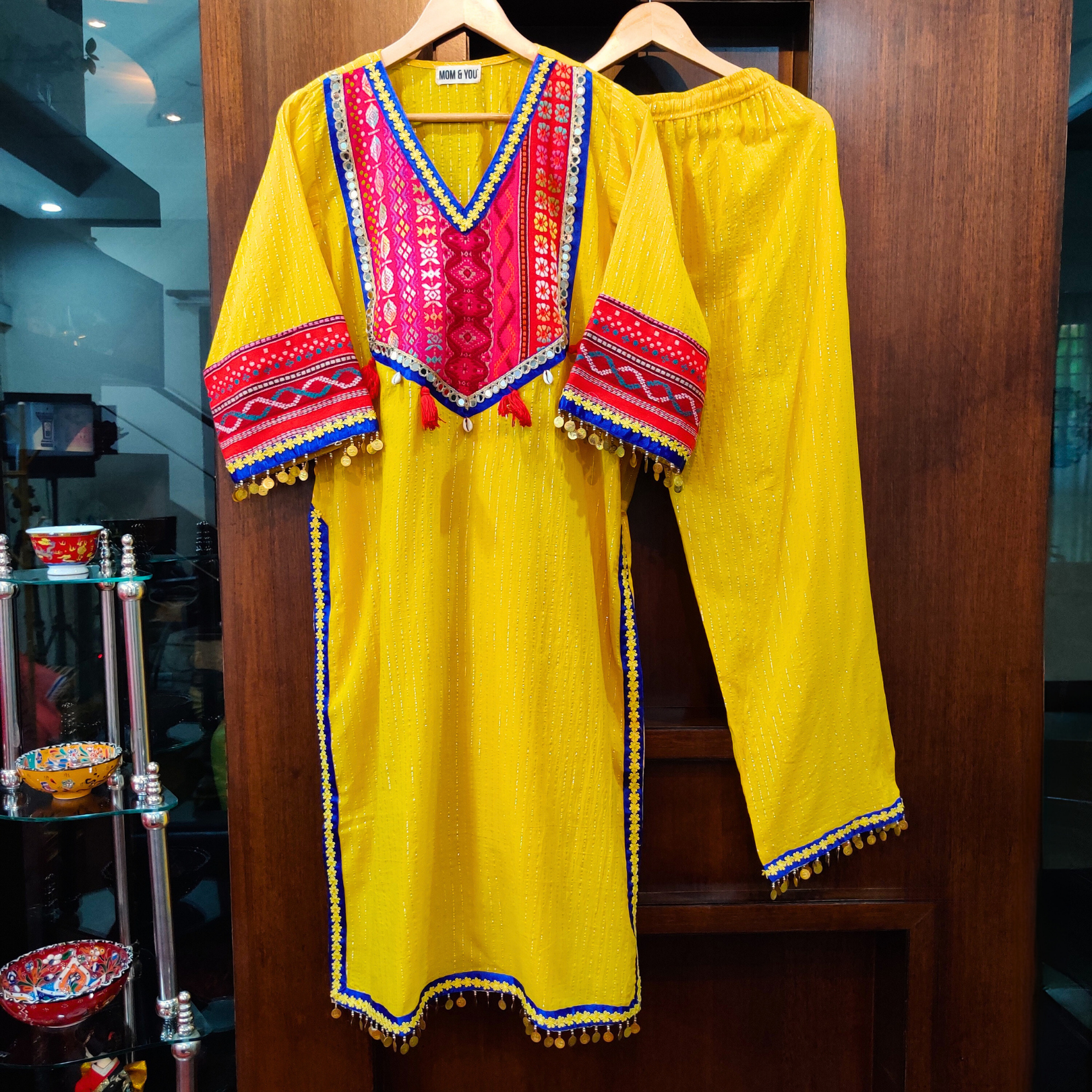 Yellow Lurex Cotton Stitched Co-Ord Set with Mirrors