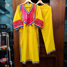 Yellow Lurex Cotton Stitched Co-Ord Set with Mirrors