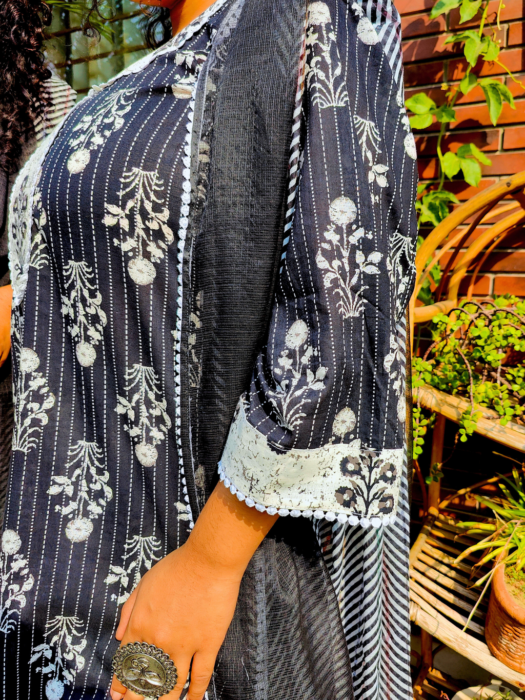 Black Striped White Lace Cotton Stitched Suit Set