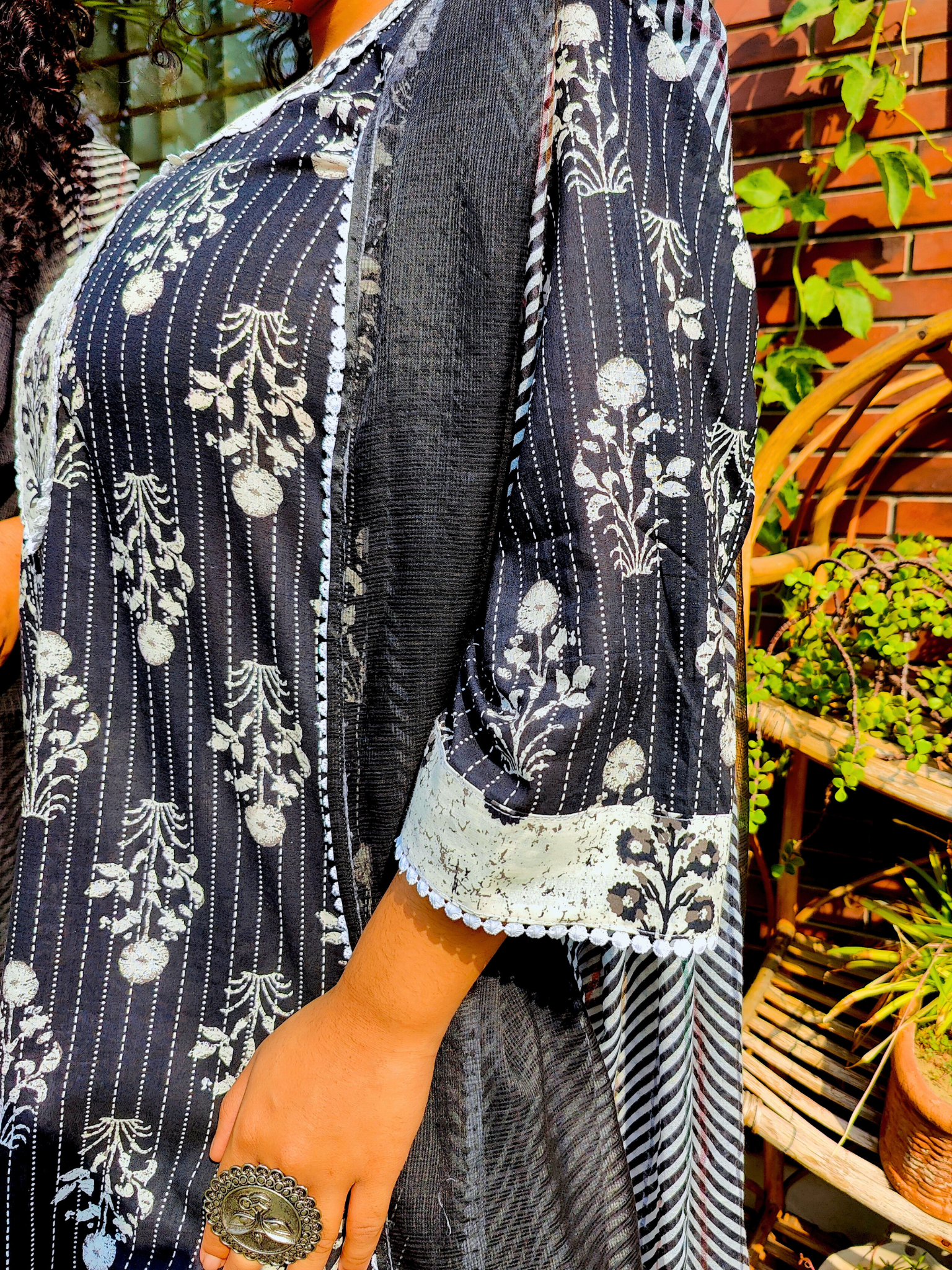 Black Striped White Lace Cotton Stitched Suit Set