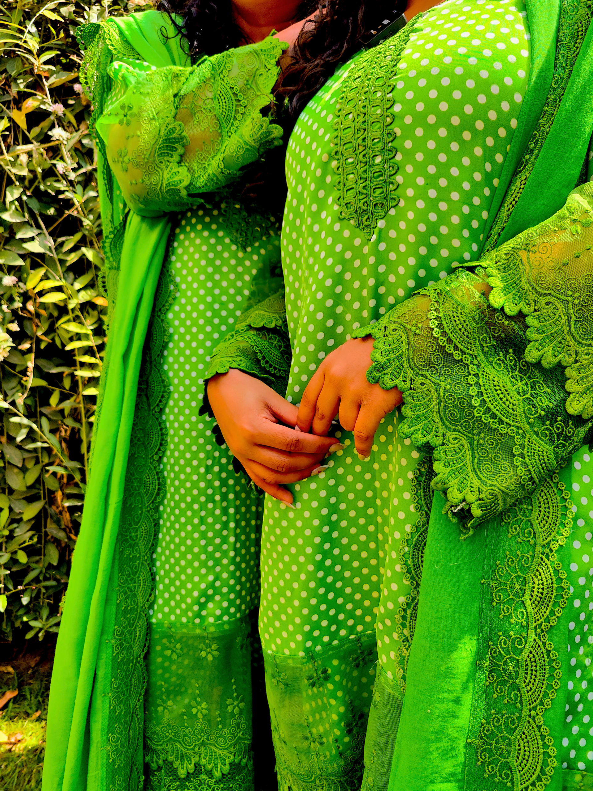 Green Polka Dot Satin Silk Stitched Suit Set