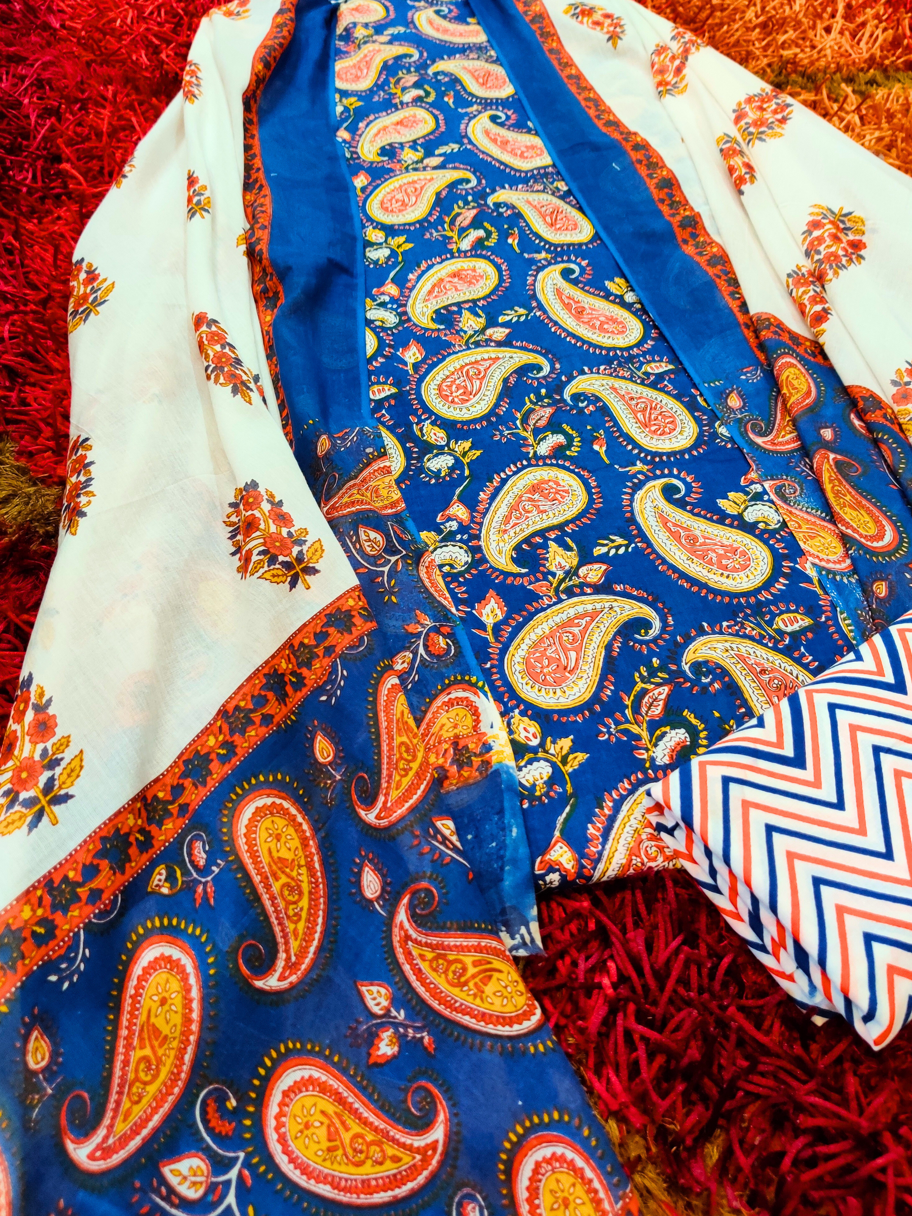 Blue Handblock Cotton Unstitched Dress Material Suit Set