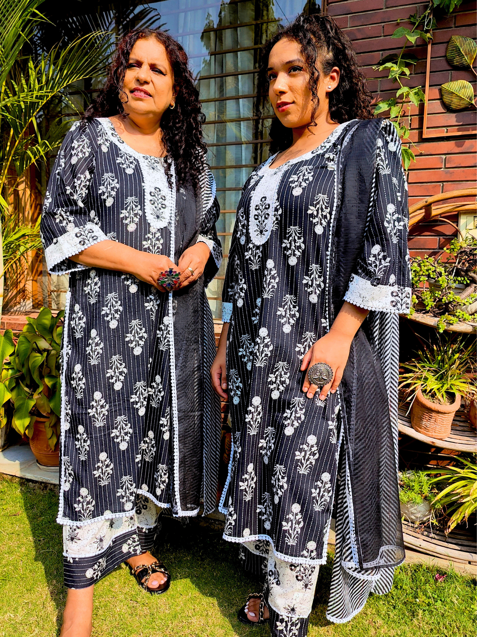 Black Striped White Lace Cotton Stitched Suit Set