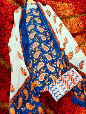 Blue Handblock Cotton Unstitched Dress Material Suit Set