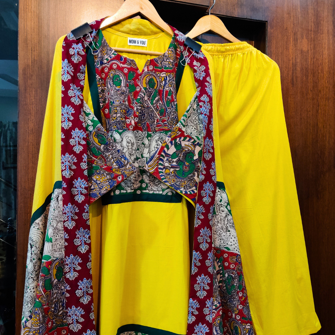 Yellow Cotton Multi-Coloured kalamkari Stitched Suit Set