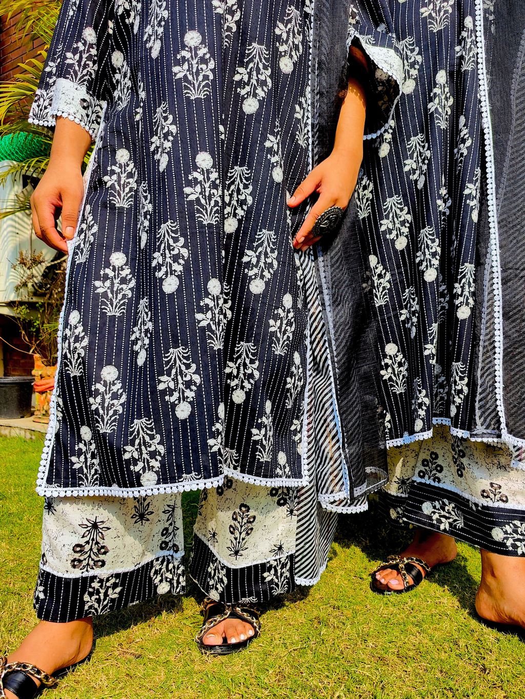 Black Striped White Lace Cotton Stitched Suit Set