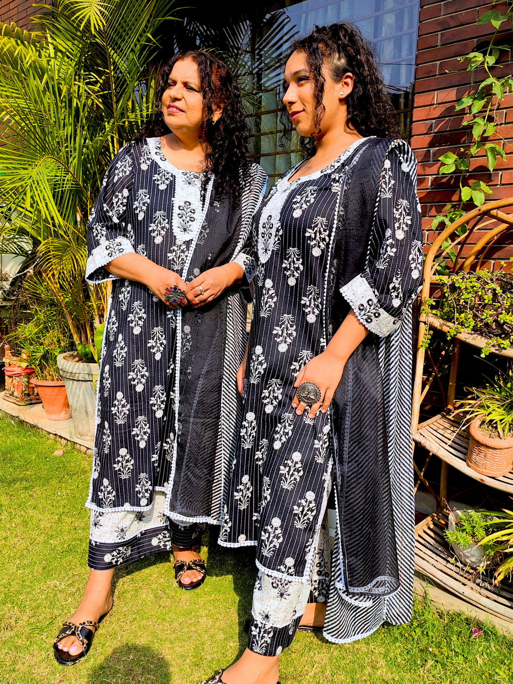 Black Striped White Lace Cotton Stitched Suit Set